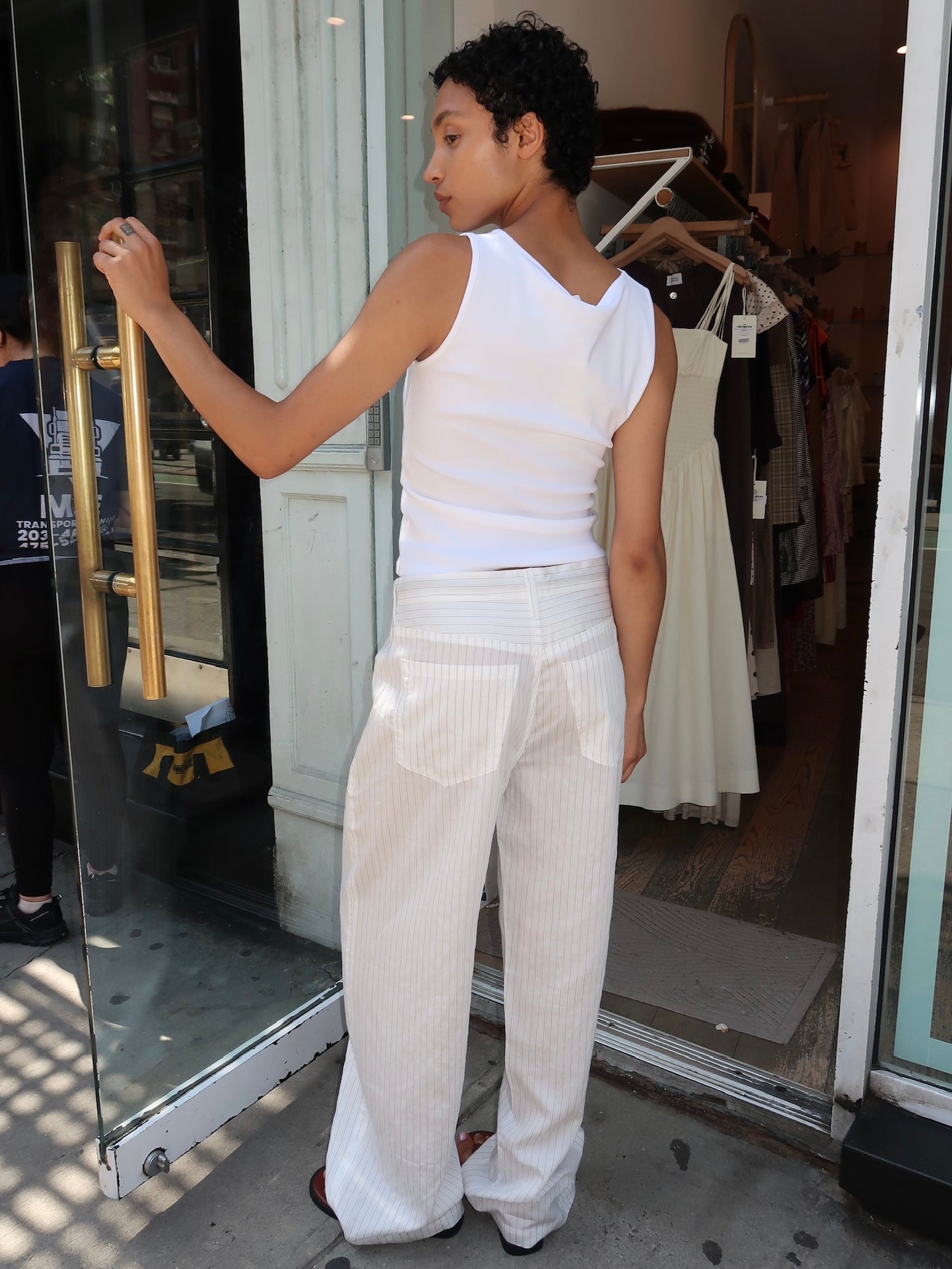Brynn Drawstring Trouser in Black Pinstripe