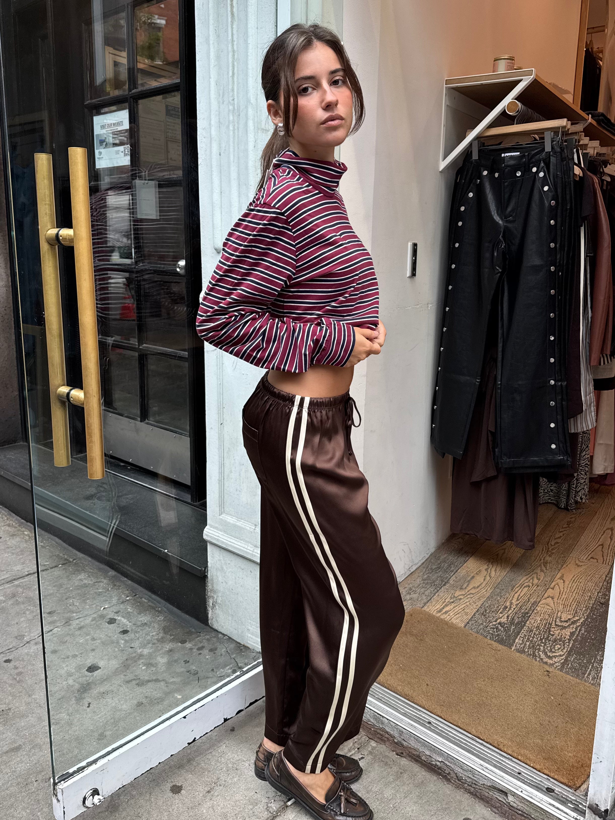 The Silk Stripe Crop Pant in Espresso