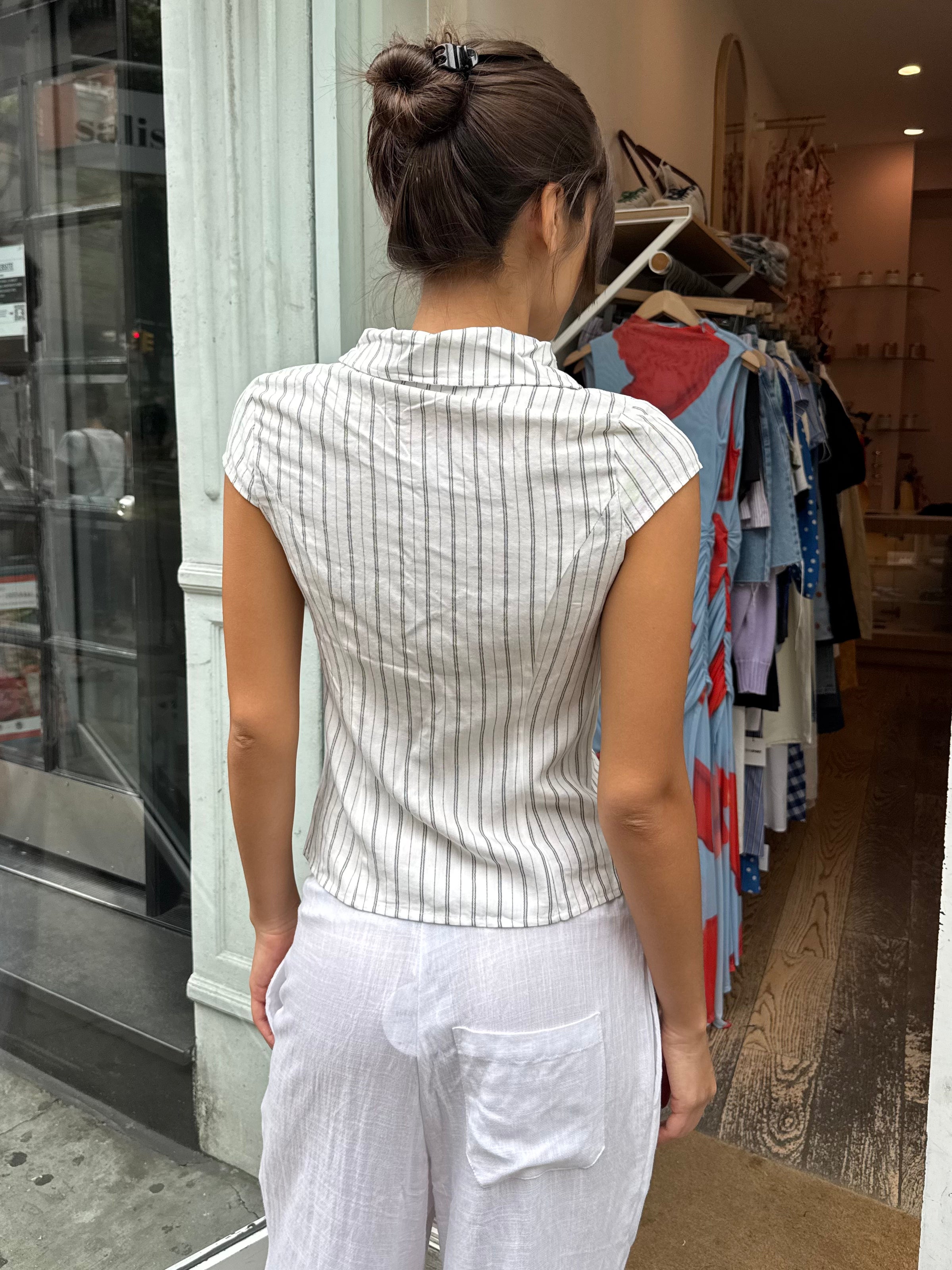 Lainey Button Down Top in Striped Linen