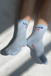 Embroidered Crew Socks in Sky Blue