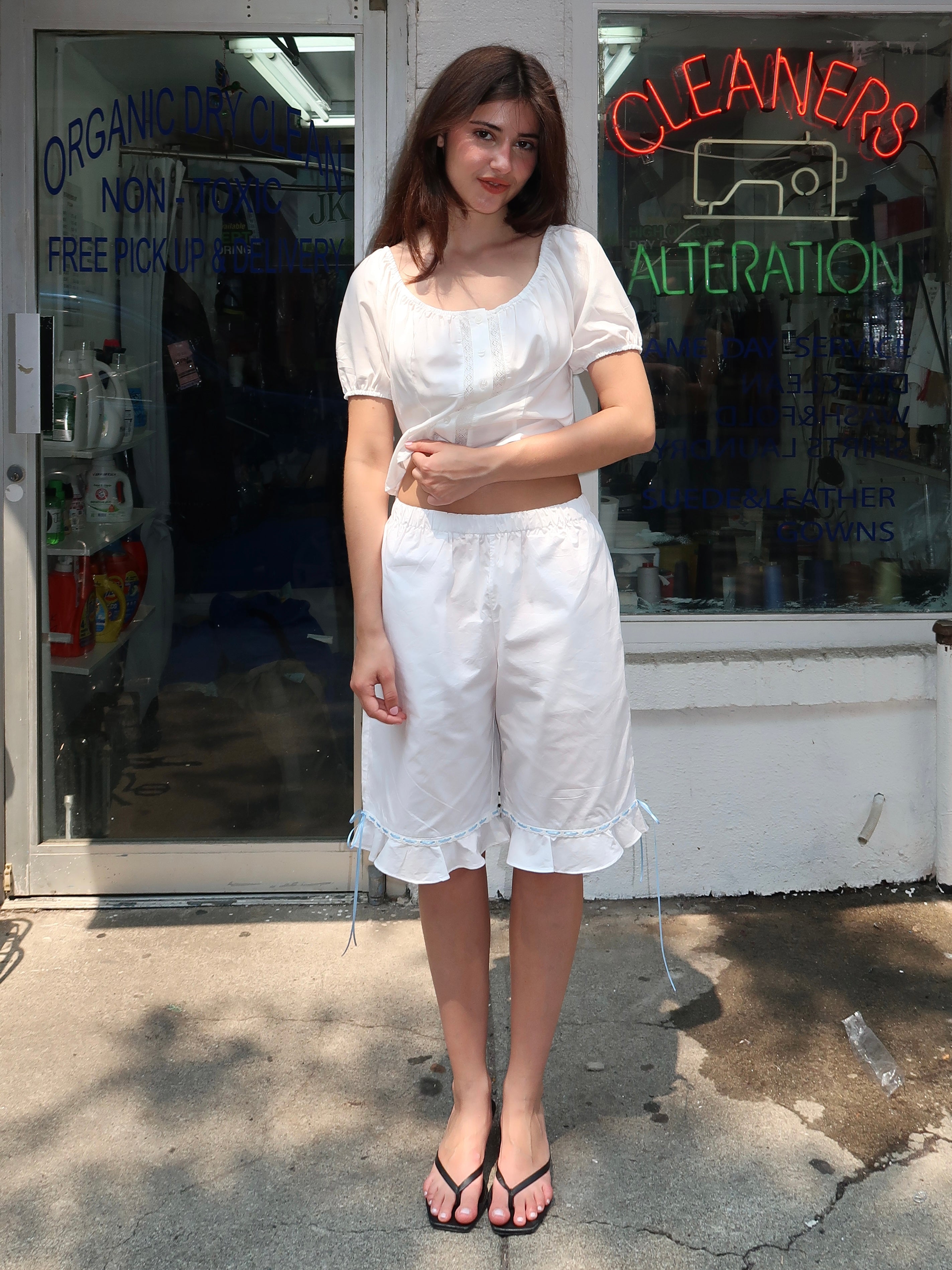Reyna Long Ruffle Shorts in White