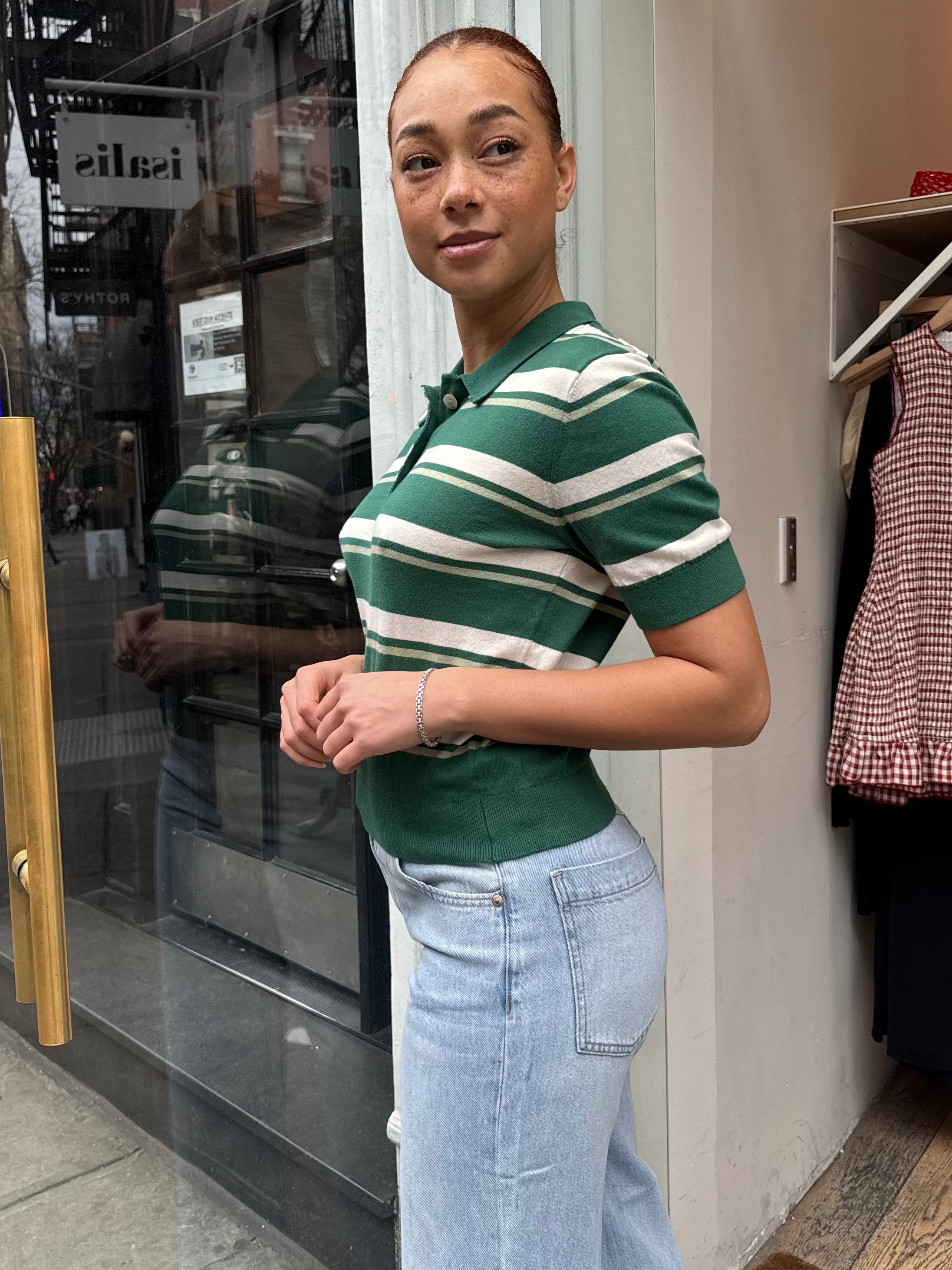 Drea Cropped Polo in Emerald Stripe