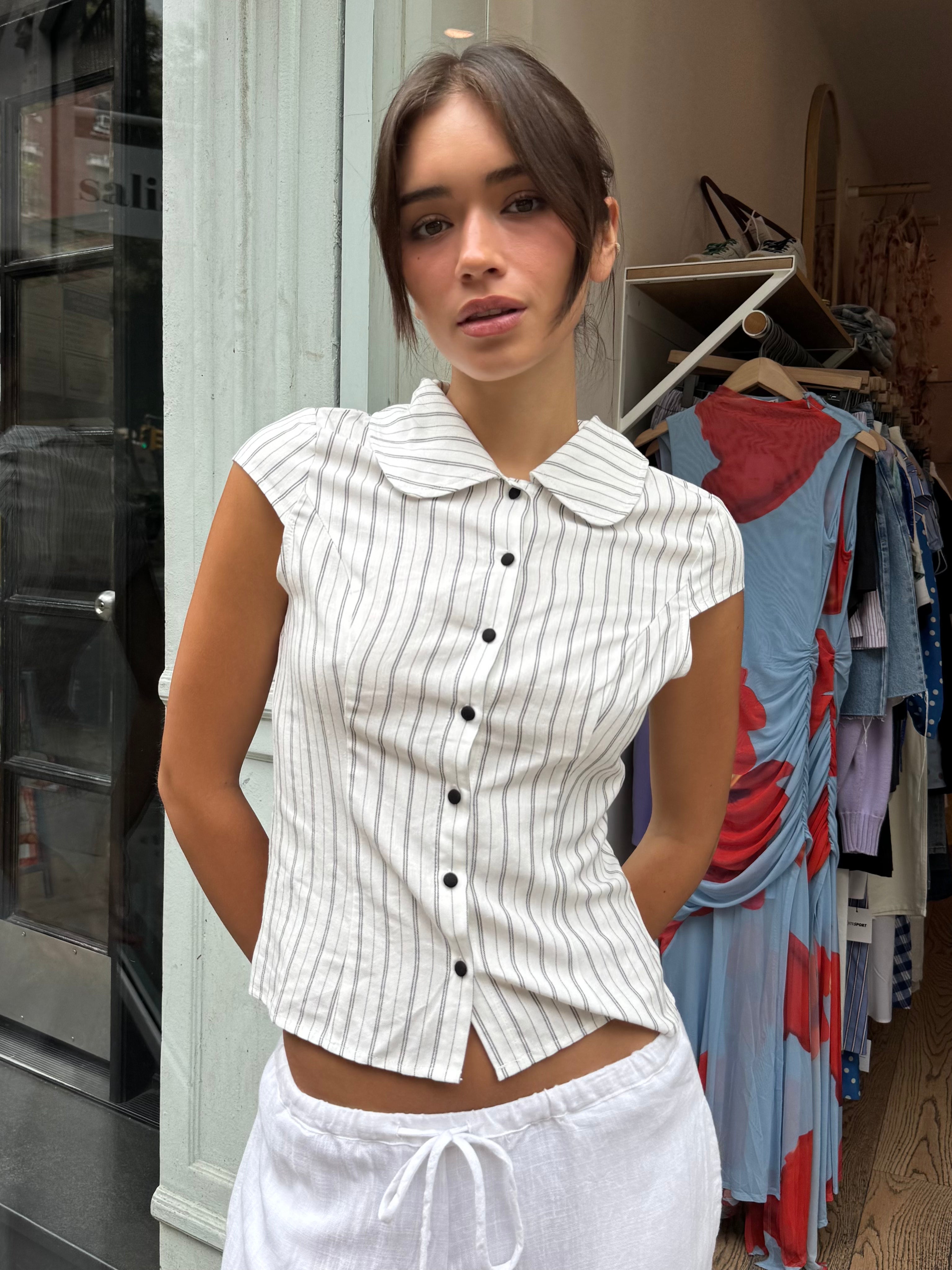 Lainey Button Down Top in Striped Linen