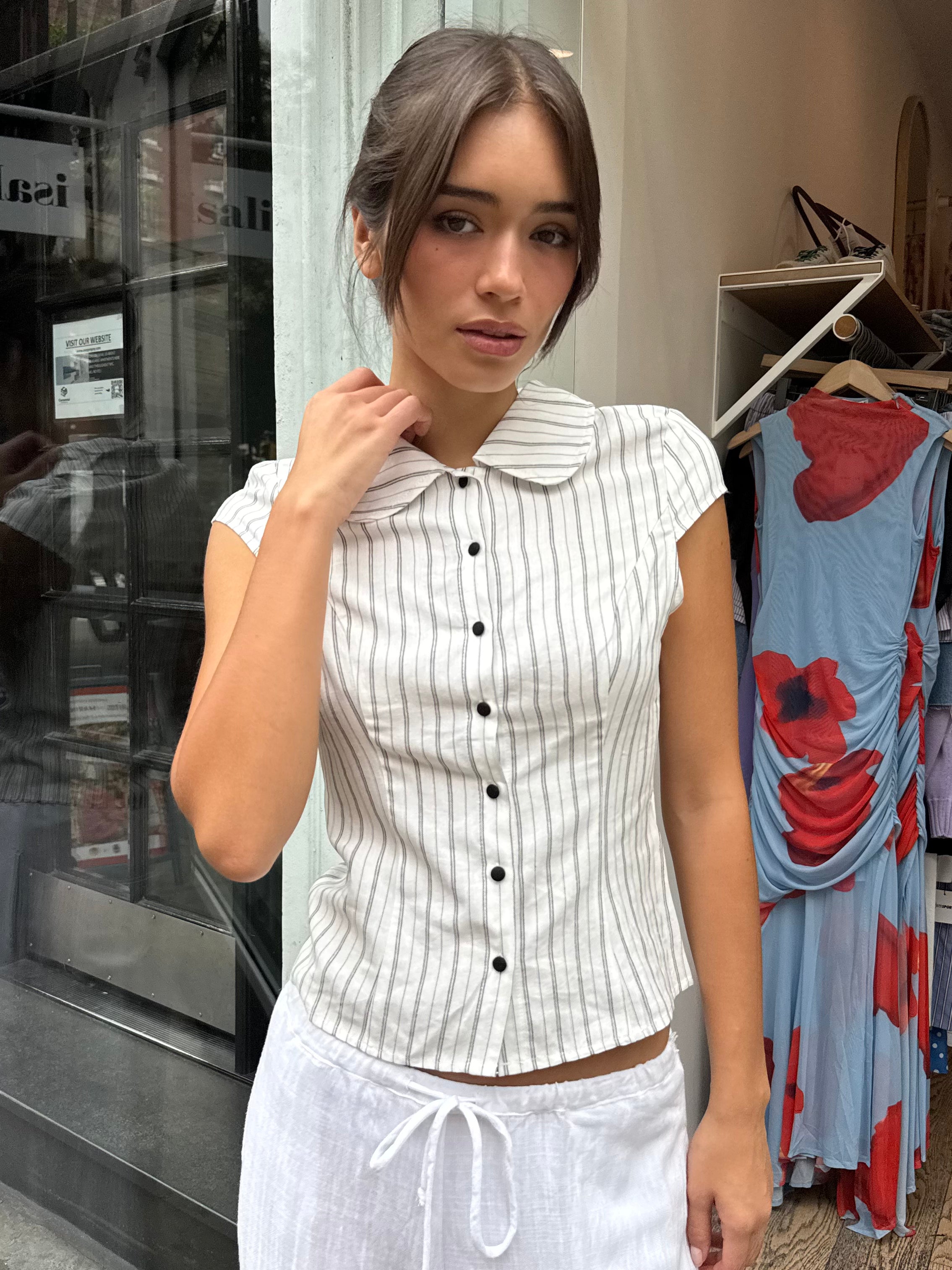 Lainey Button Down Top in Striped Linen