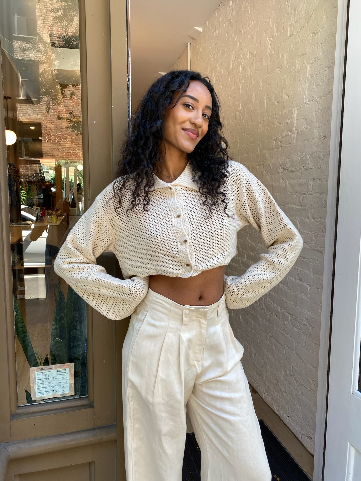 Hana Cropped Crochet Cardi in Oat