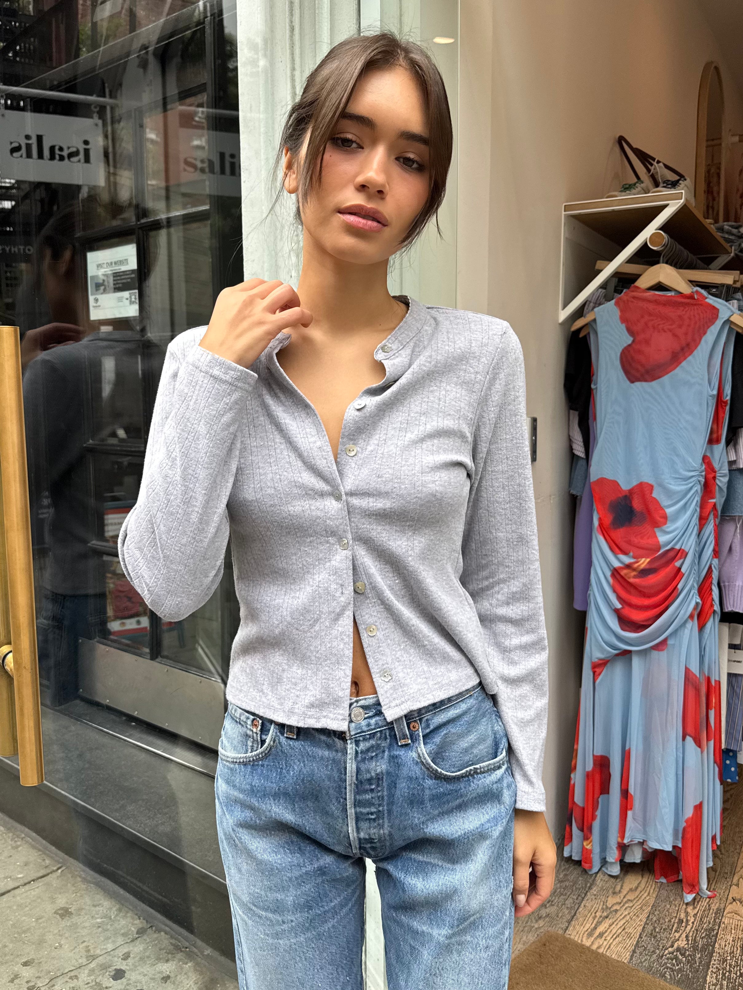 Shalyse Pointelle Long Sleeve Top in H. Grey