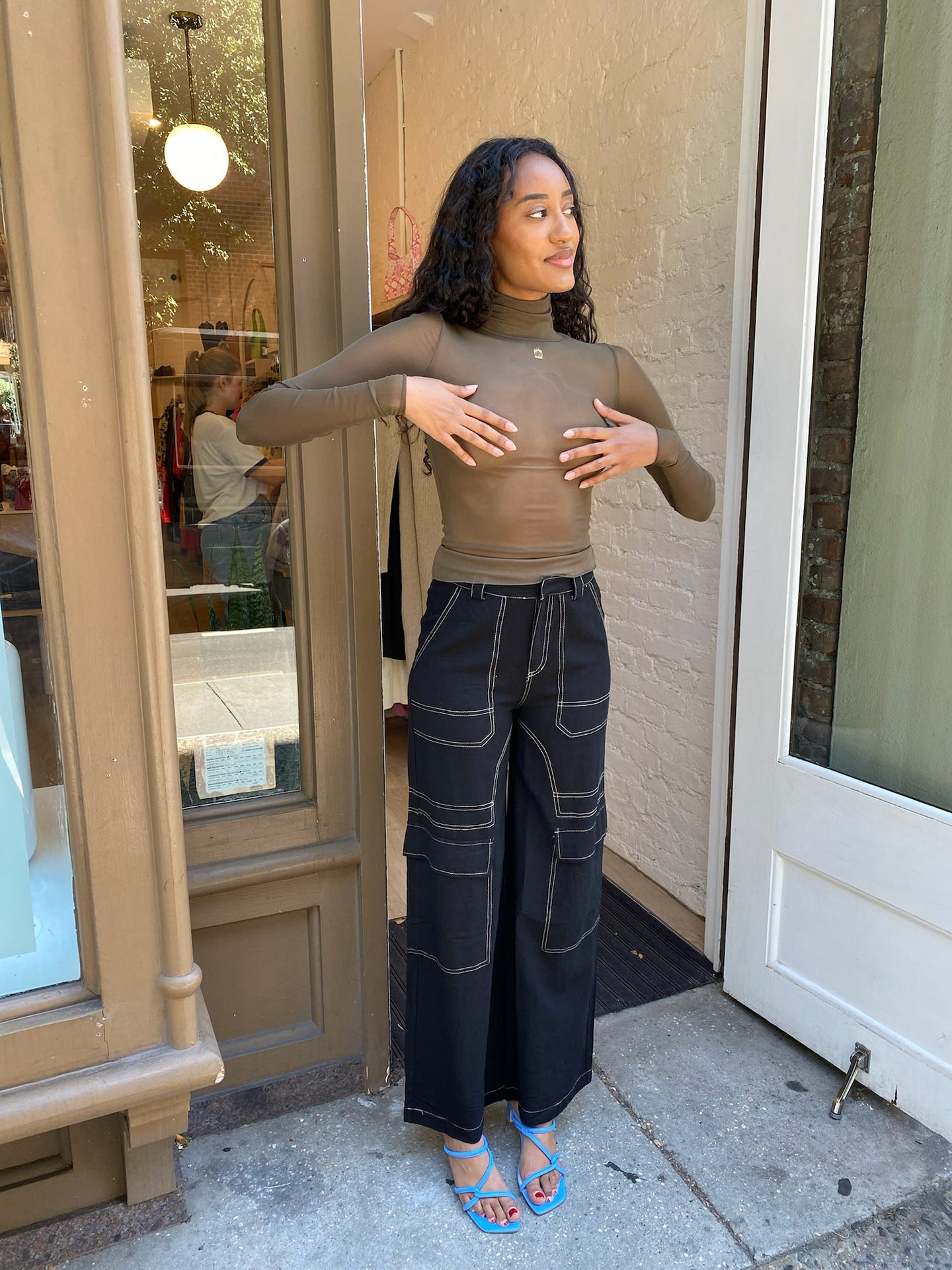 Carli High Waist Stitch Cargo Pants in Black