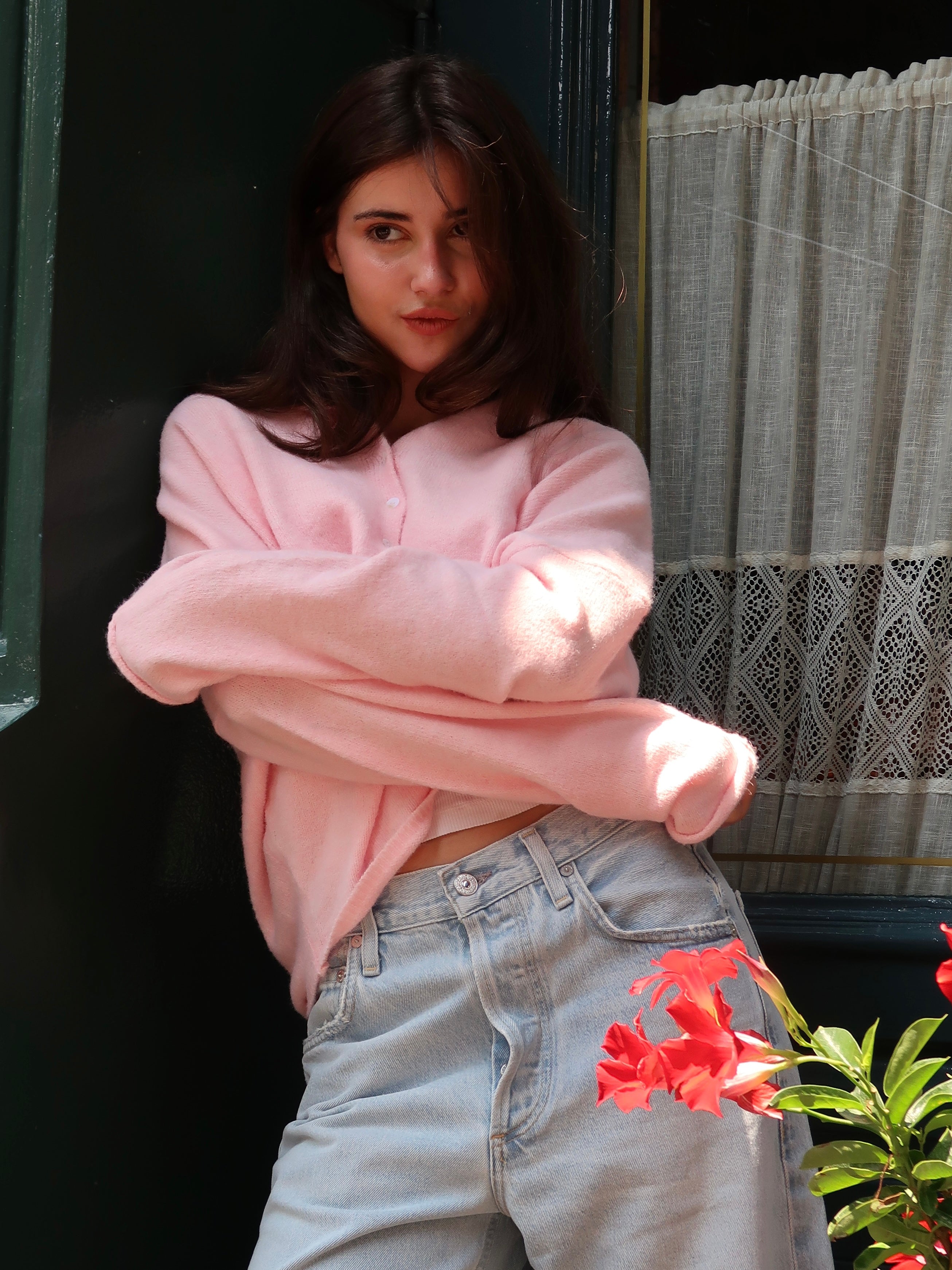 Pisces Button Down Cardigan in Baby Pink