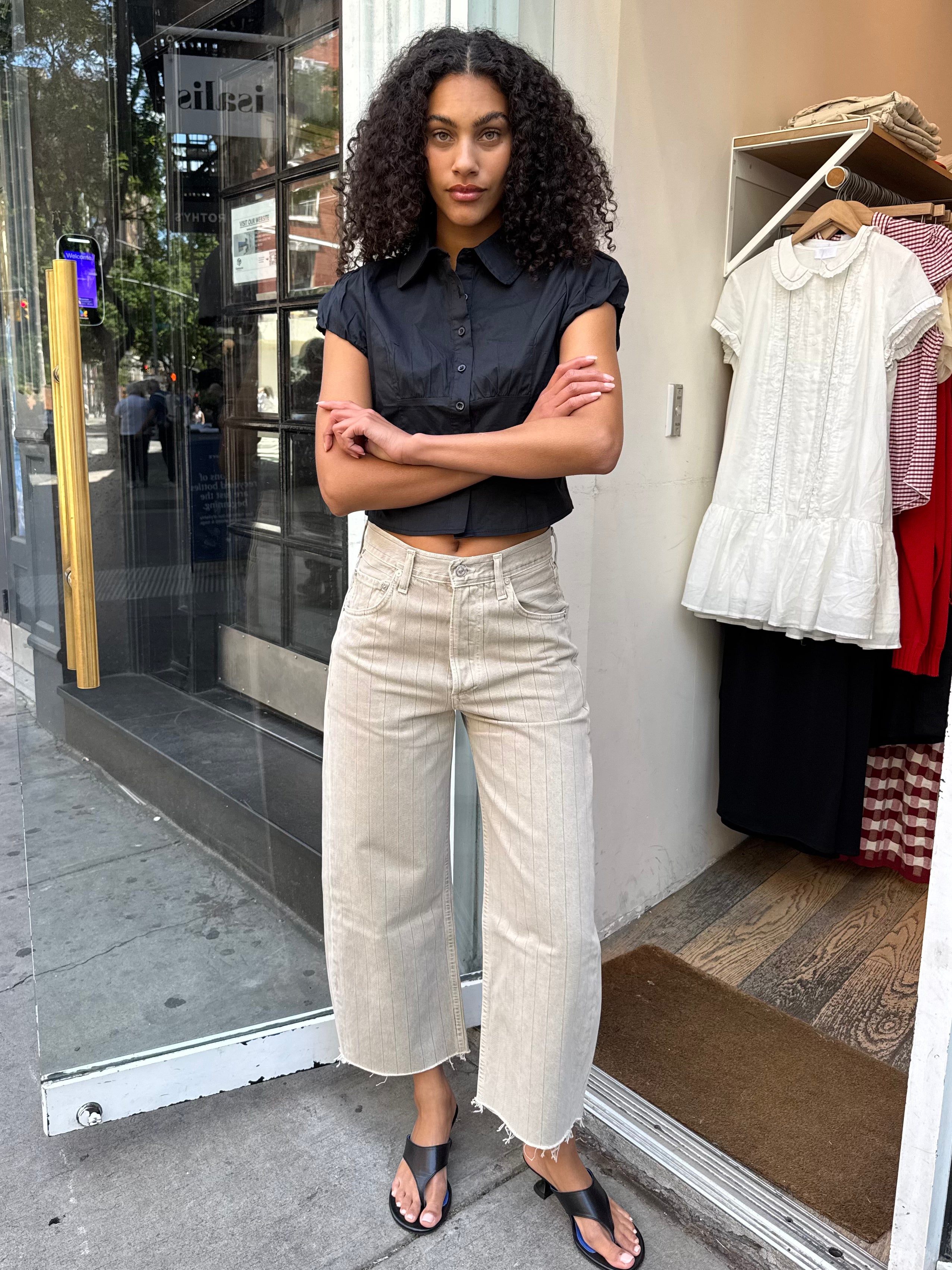 Ayla Raw Hem Crop in Neutral Stripe