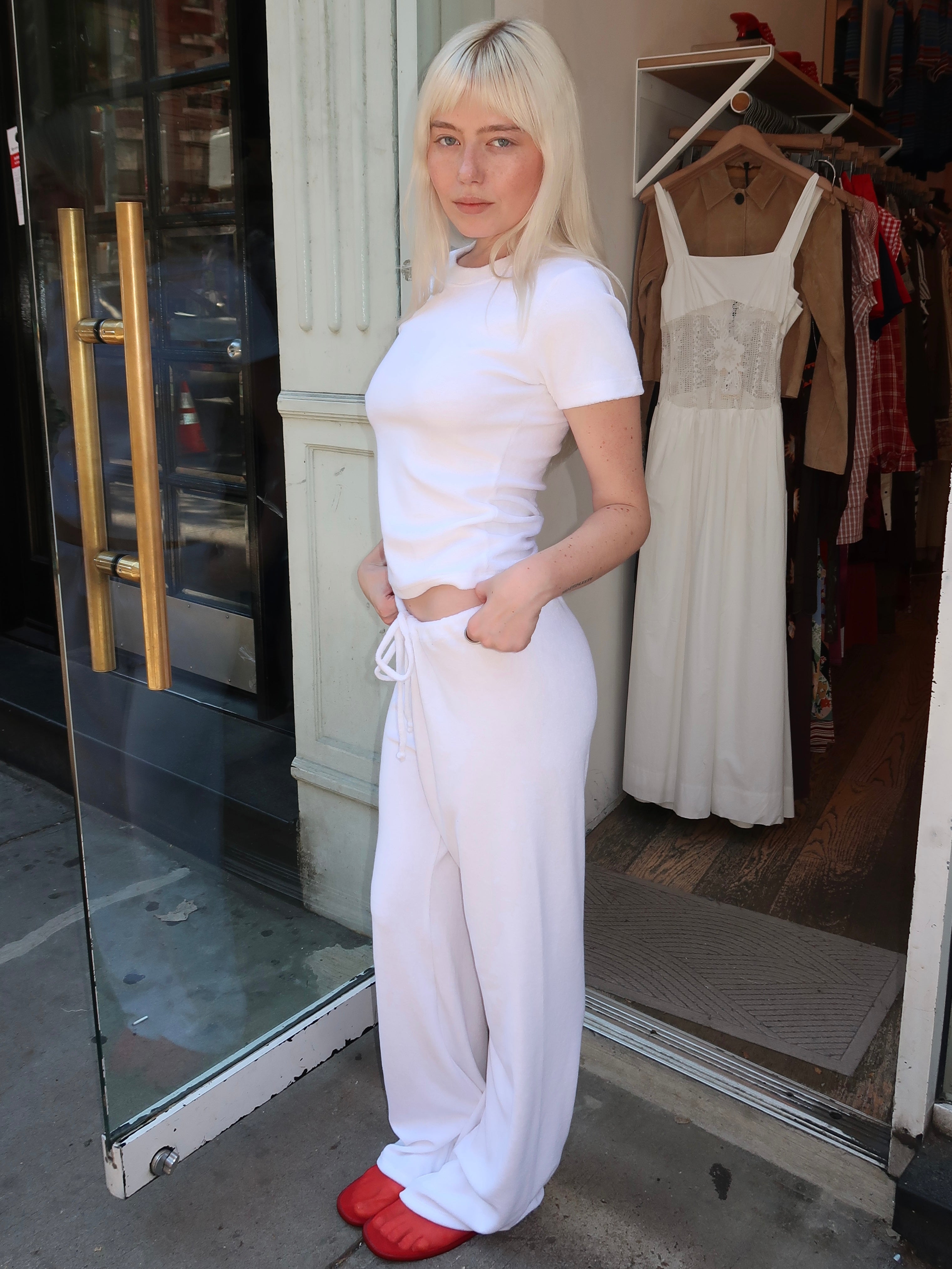 Terry Girona Drawstring Pant in White