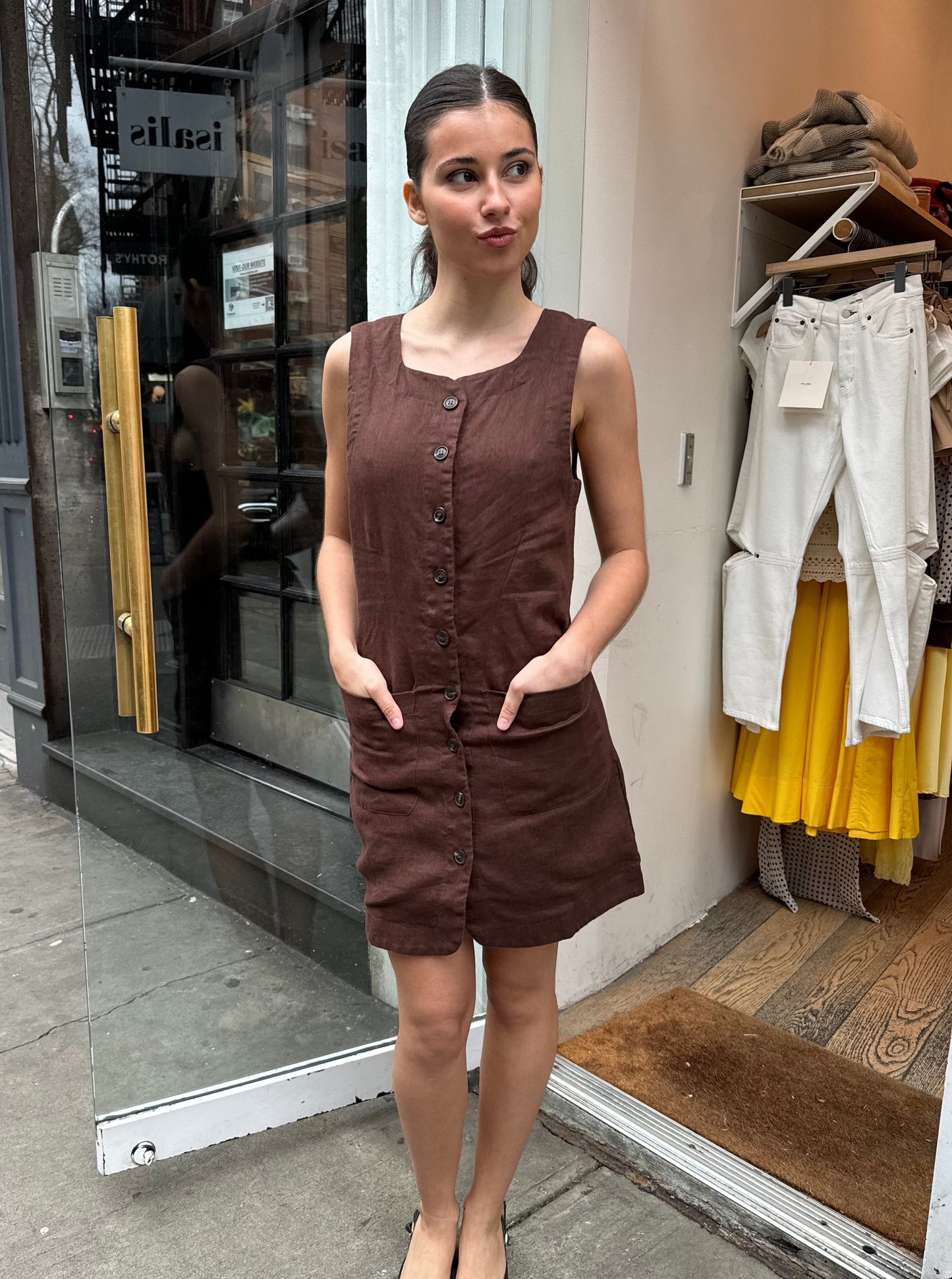 Emma Button Down Mini Dress in Chocolate