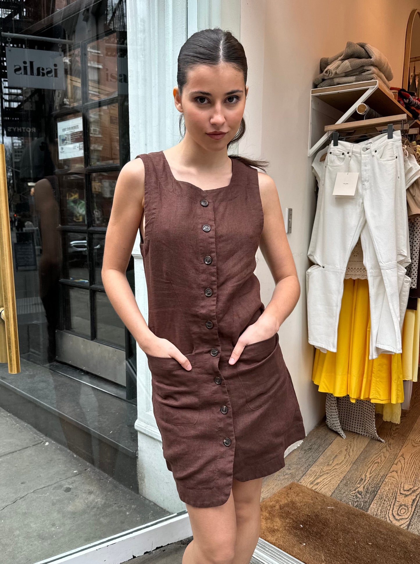 Emma Button Down Mini Dress in Chocolate