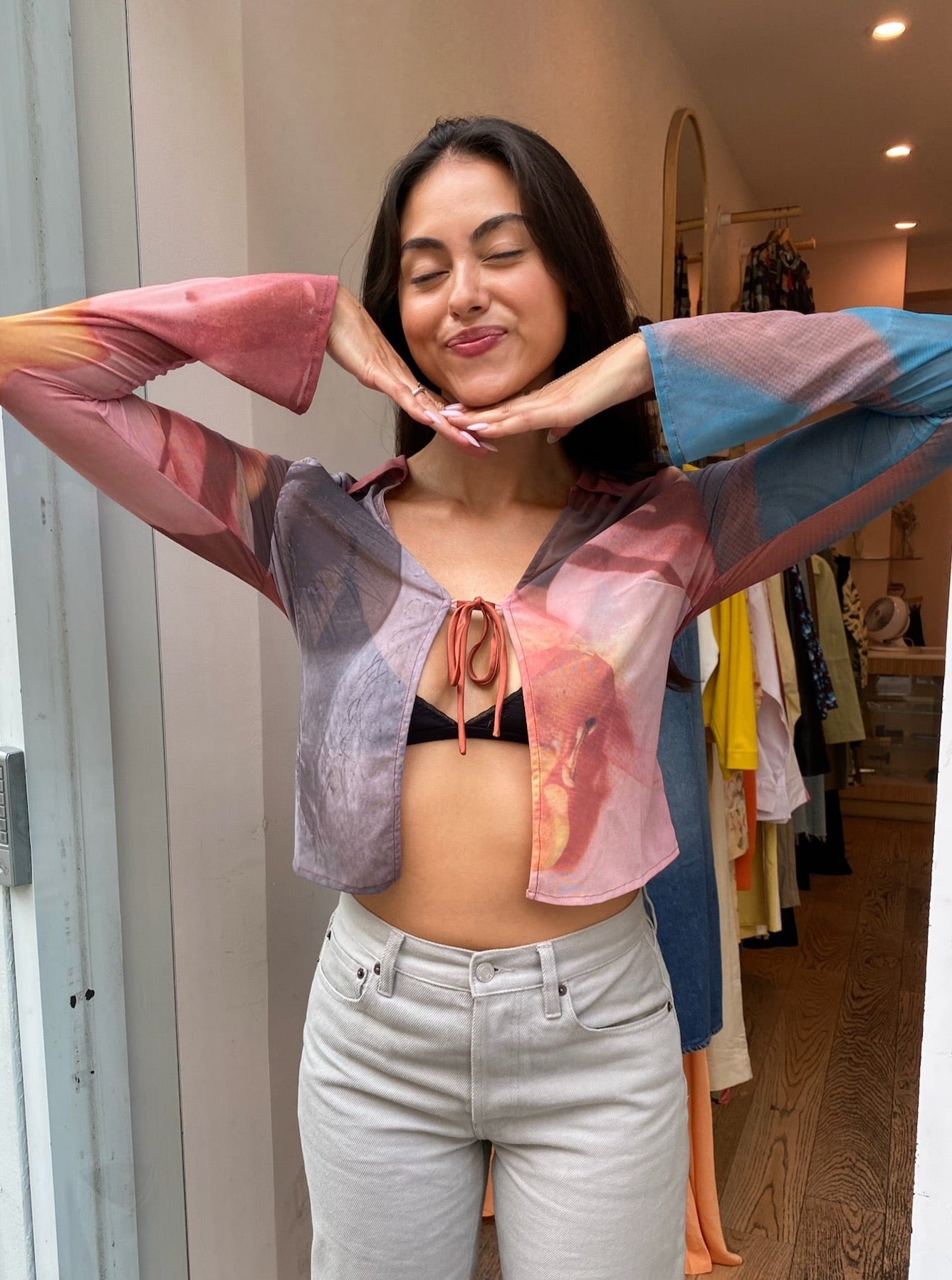 Mesh Tie Shirt in Mix Print