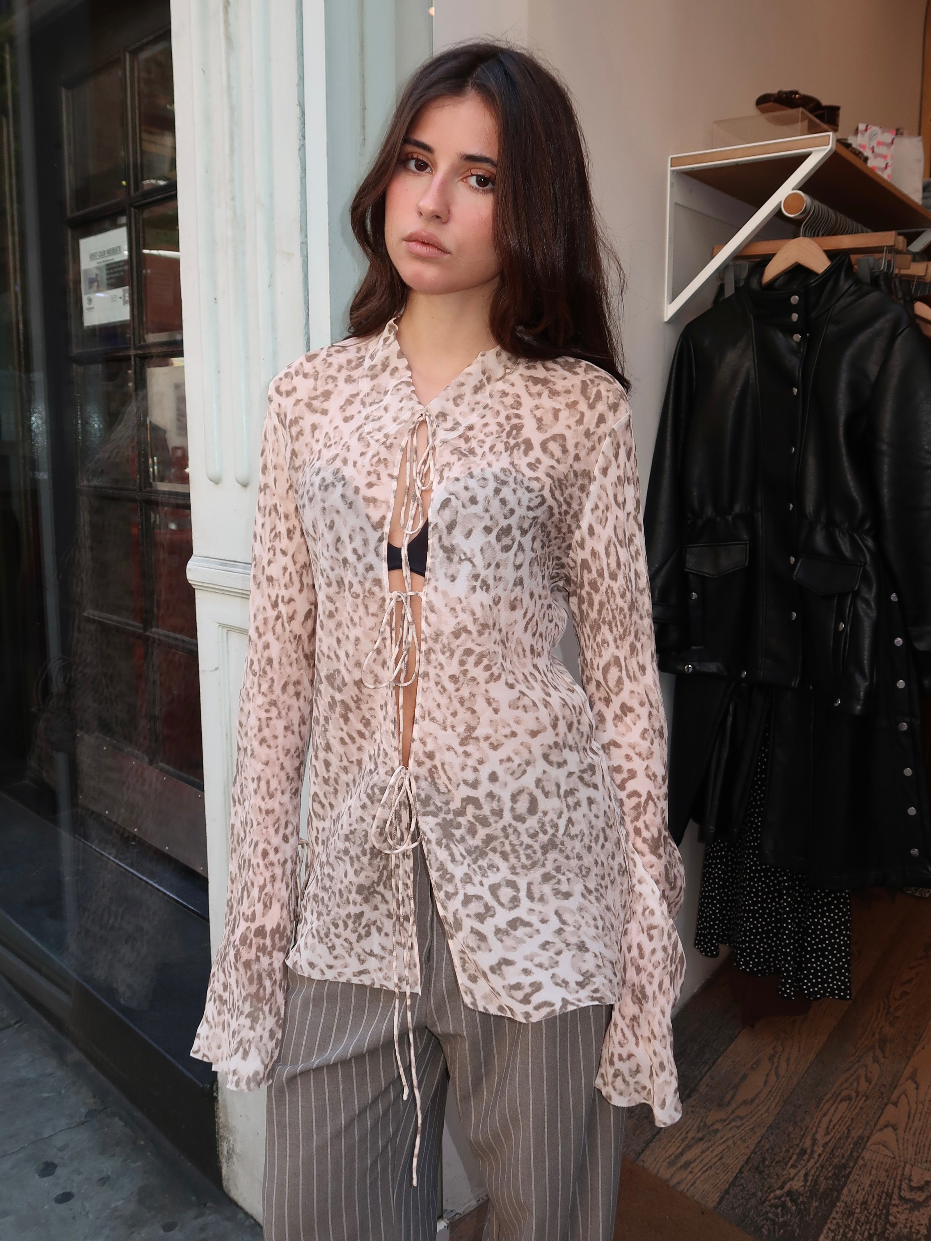 Feline Tie Blouse in Leopard Faded