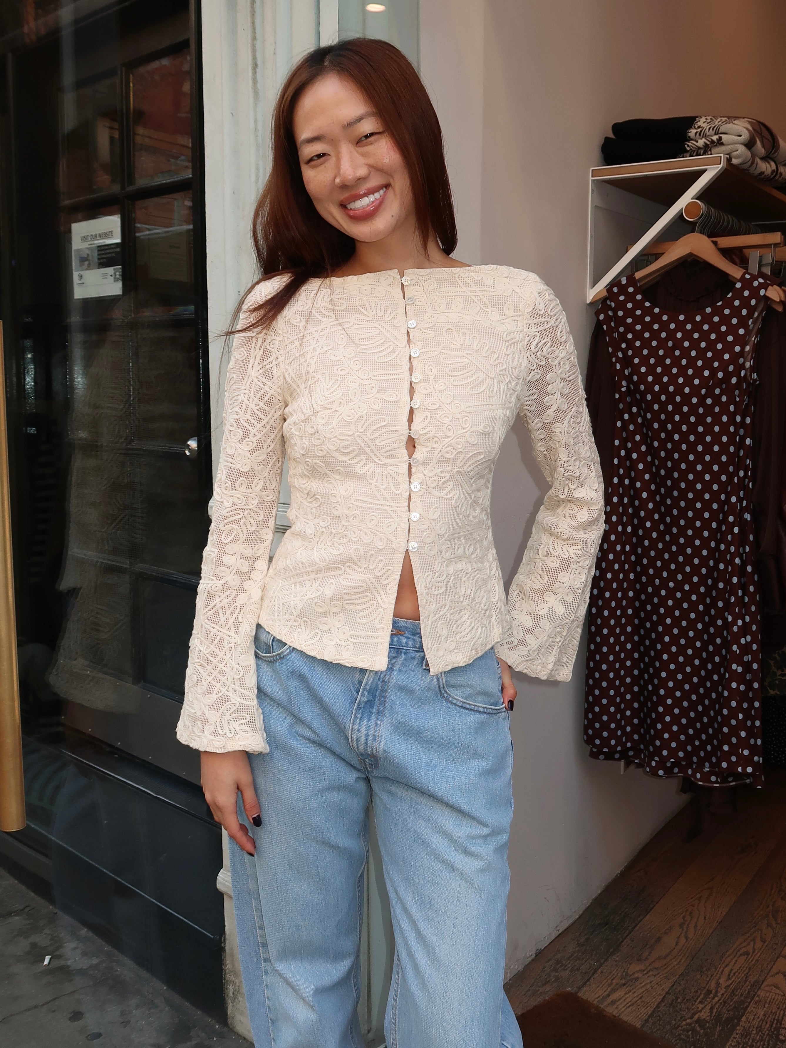 Evora Button Up in Crochet Beige