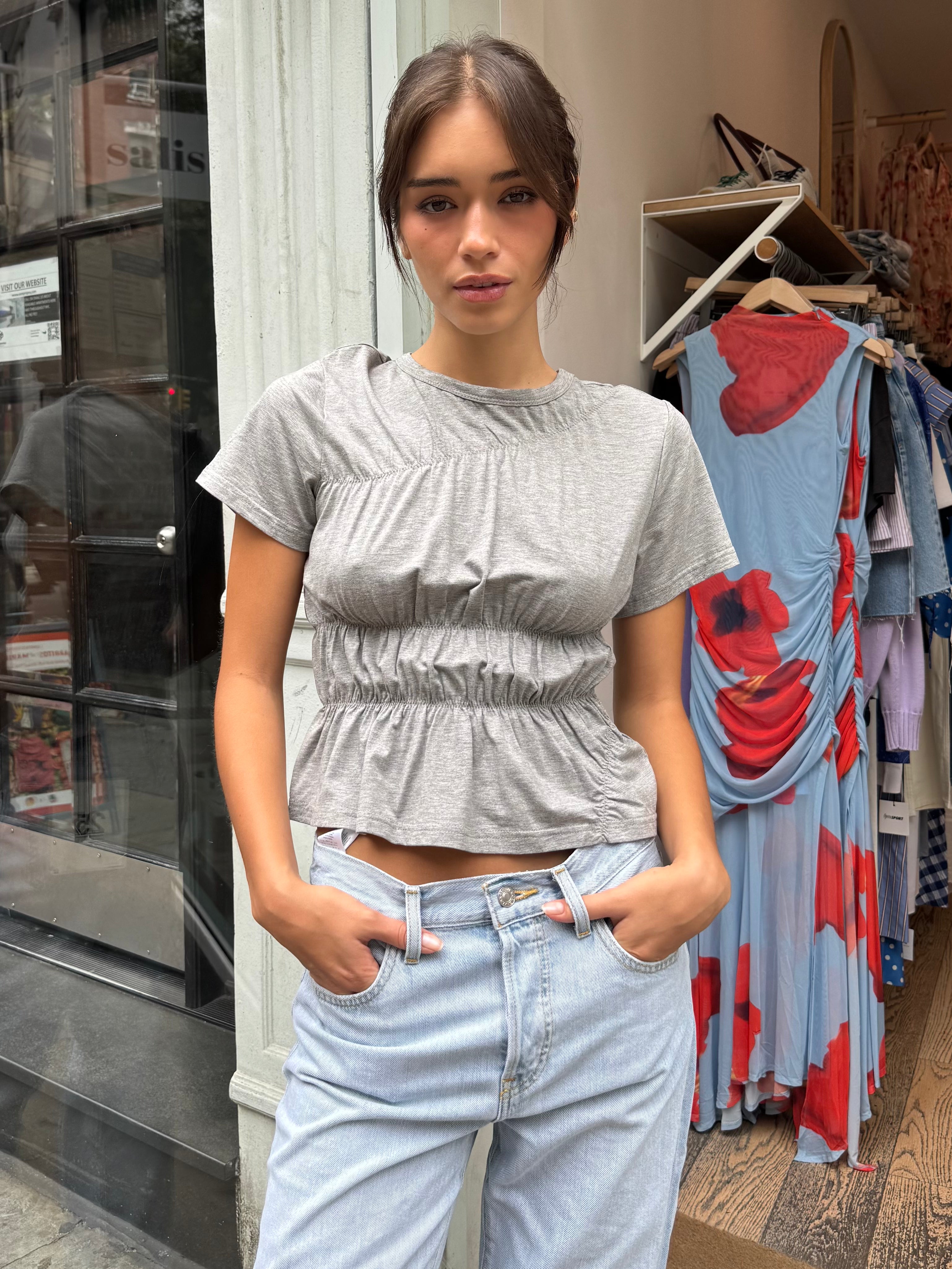 Amelie Ruched Crew Neck Top in H. Grey