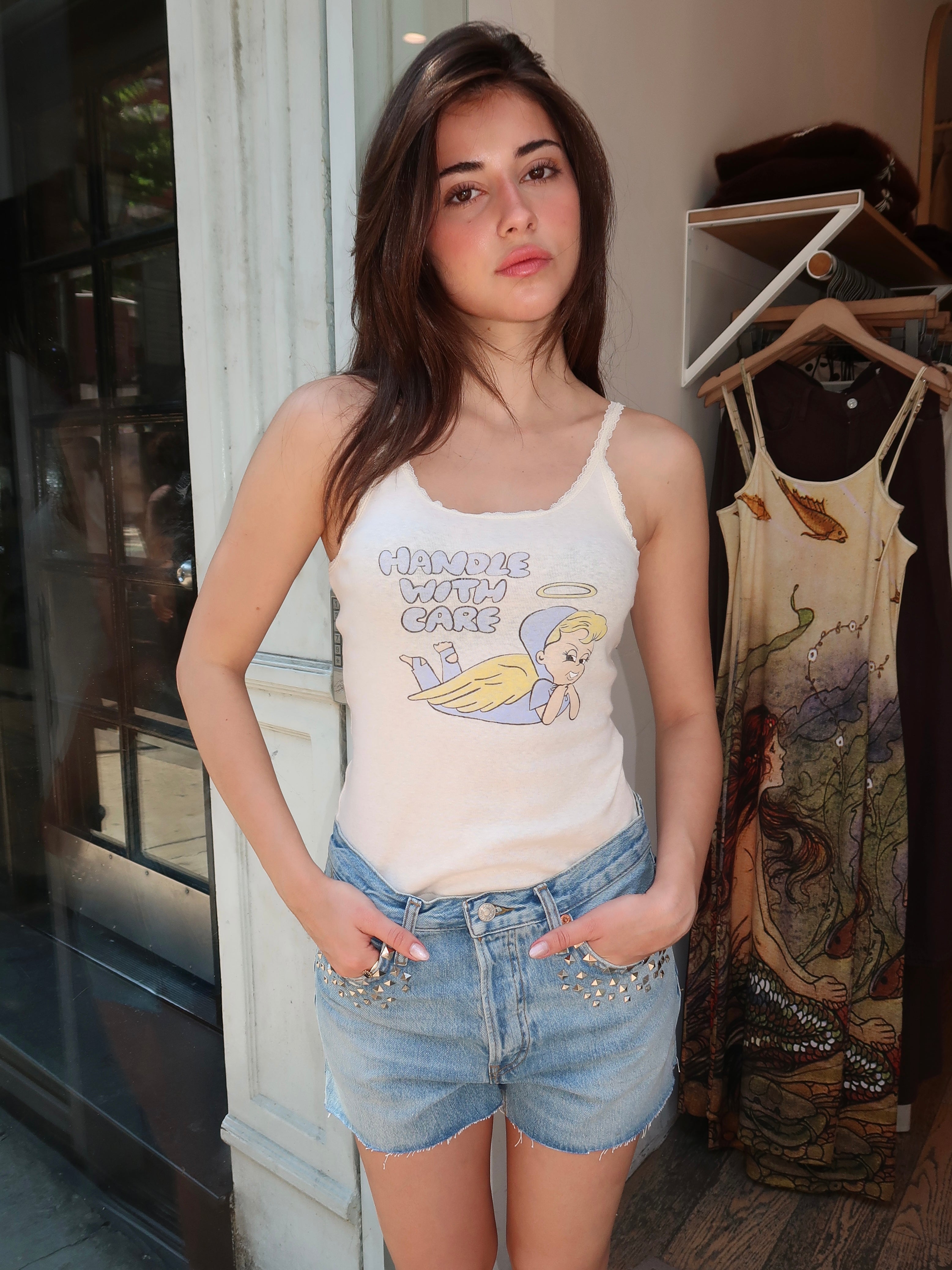 Lace Strap Tank Handle With Care in Vintage White
