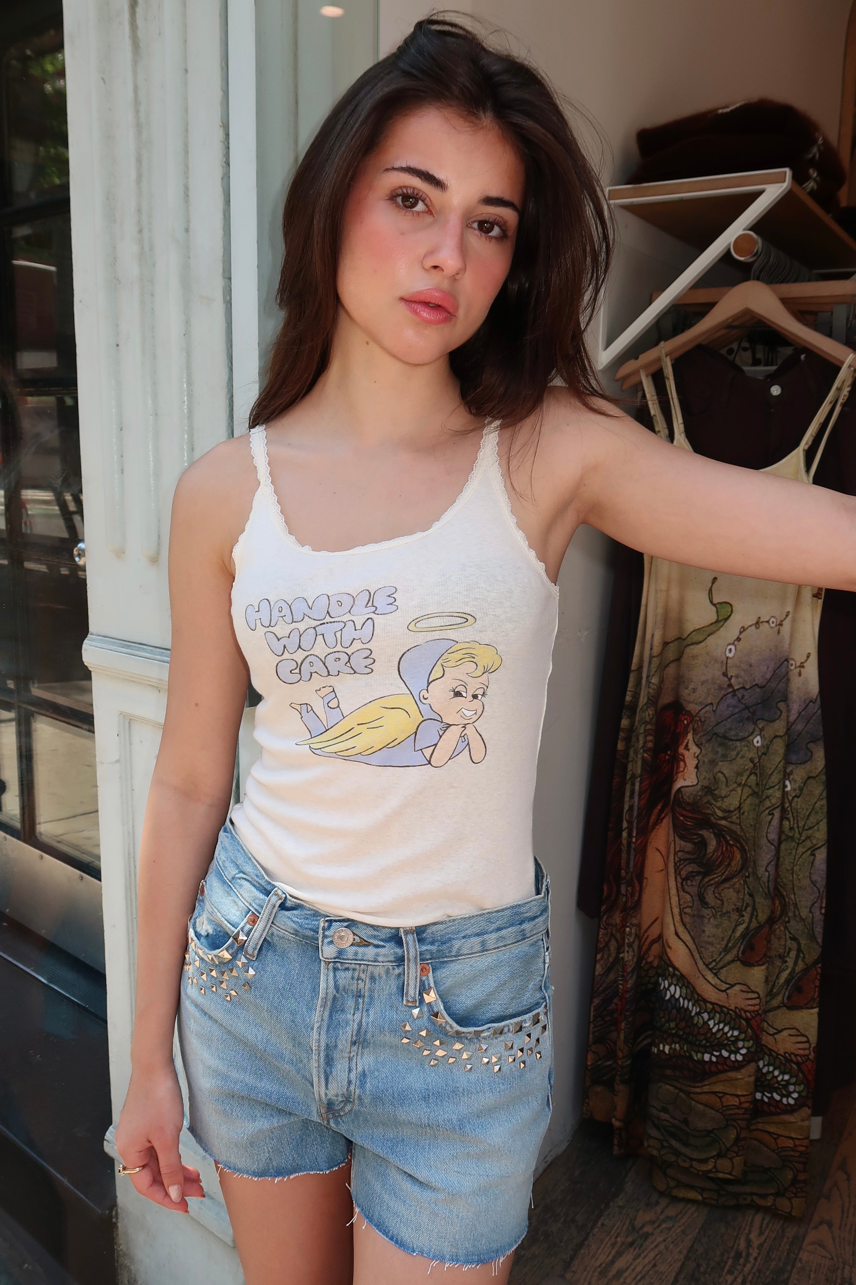 Lace Strap Tank Handle With Care in Vintage White