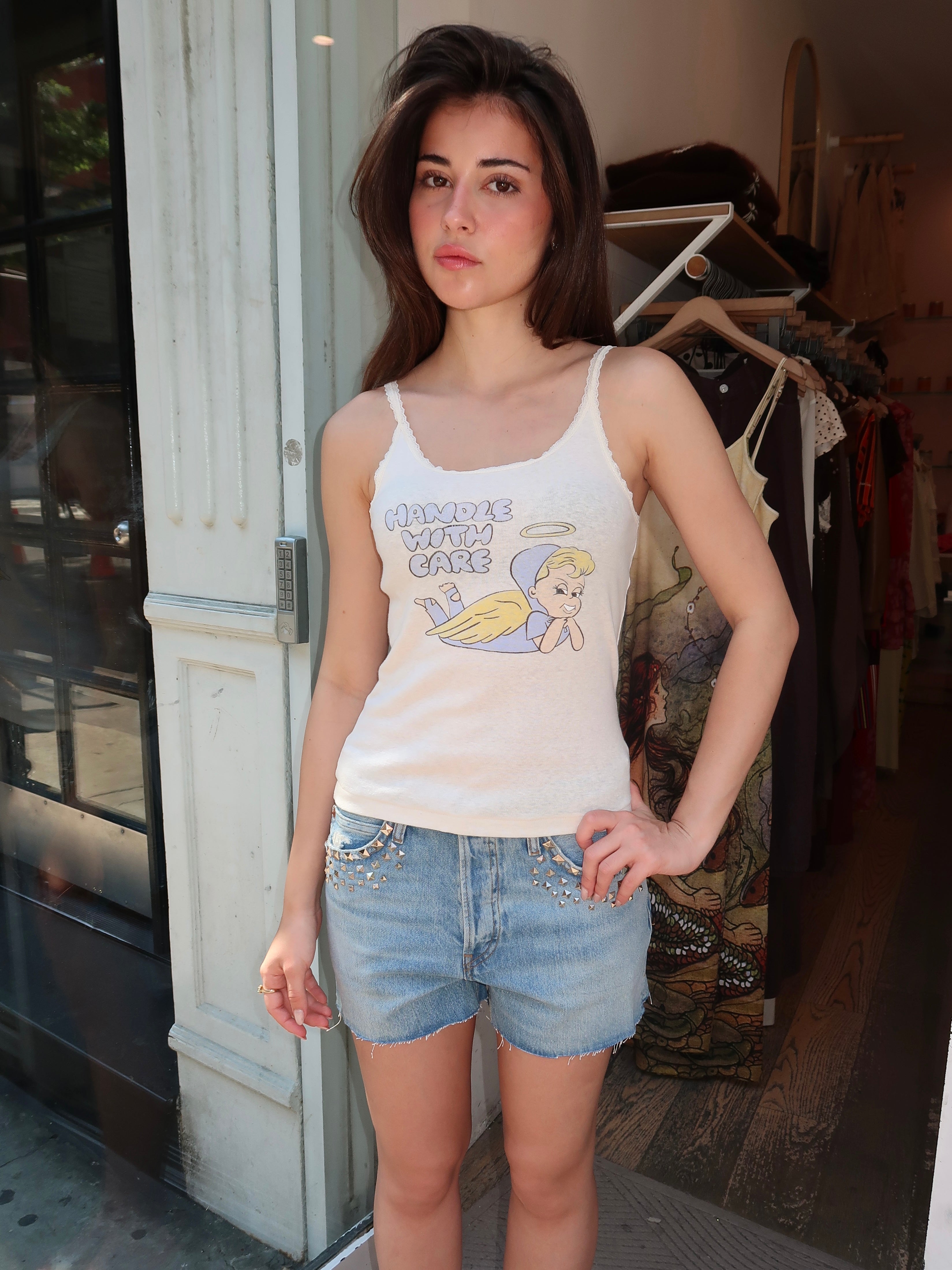 Lace Strap Tank Handle With Care in Vintage White