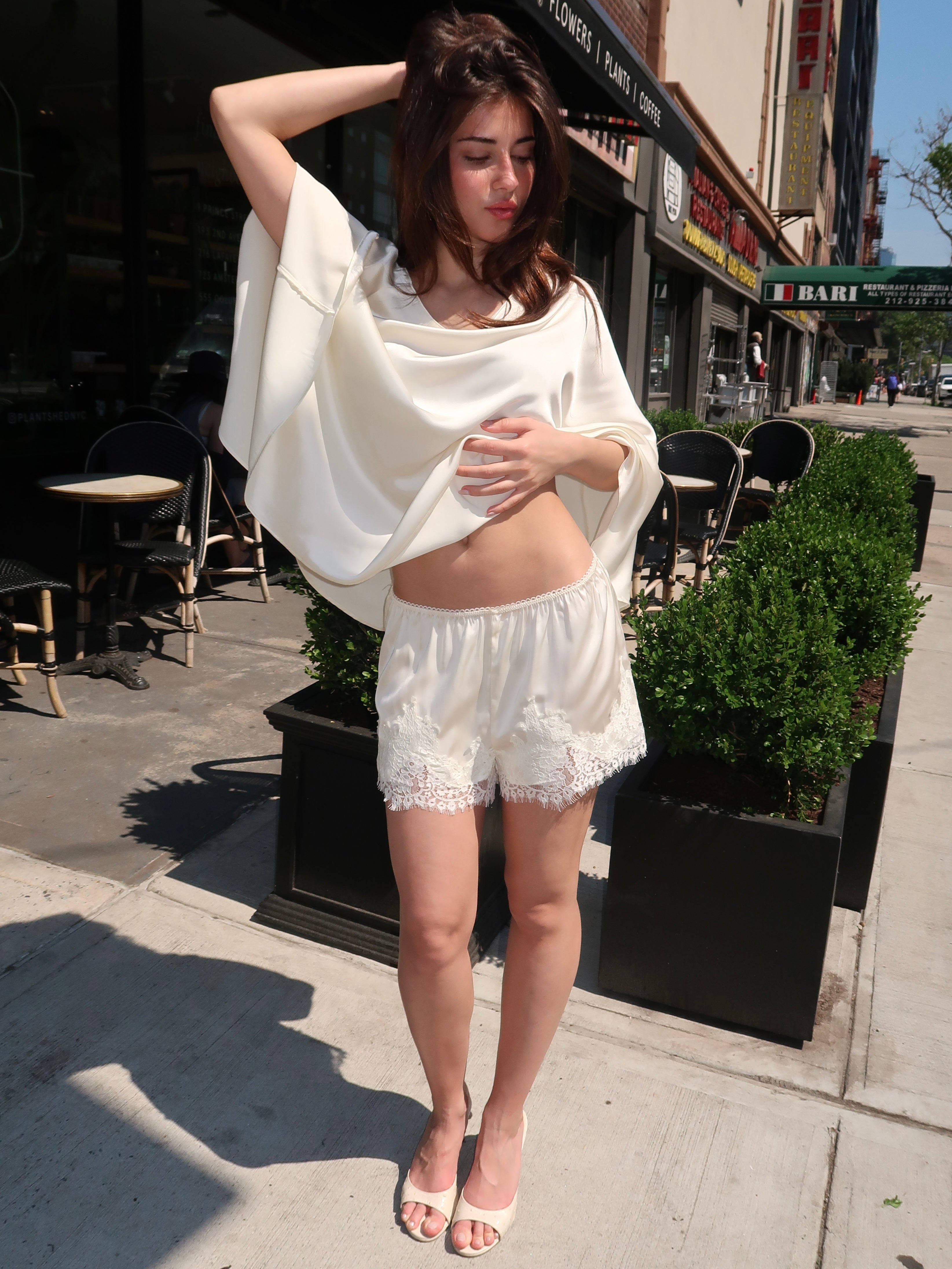 Polly Lace Trim Silky Shorts in Cream