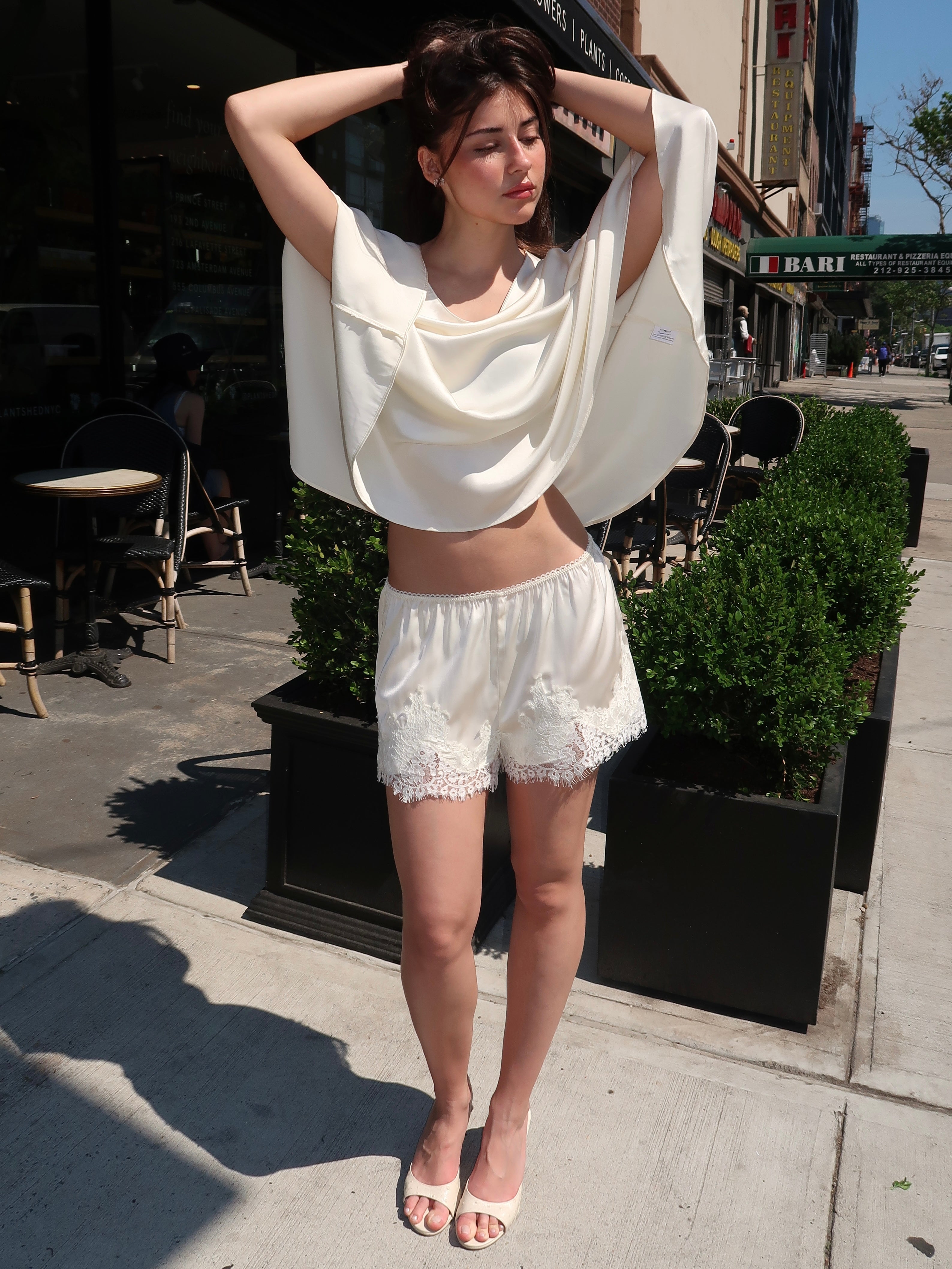 Polly Lace Trim Silky Shorts in Cream