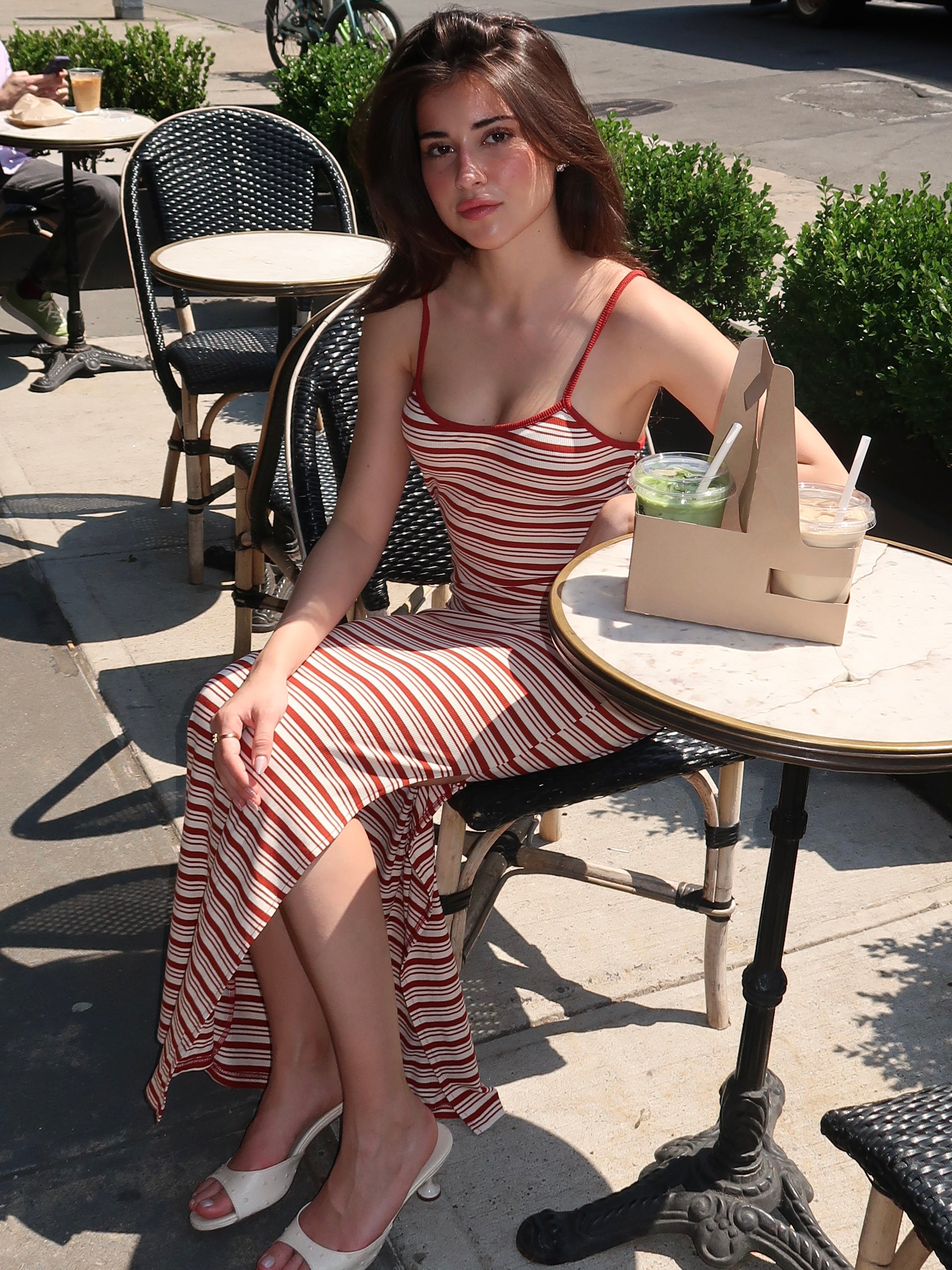 Edith Maxi Dress in Cream Burgundy Stripe Isalis Edith Maxi Dress in Cream Burgundy Stripe Isalis