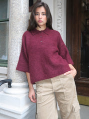 Nadya Alpaca Blend Boxy Polo Sweater in Cherry Wine