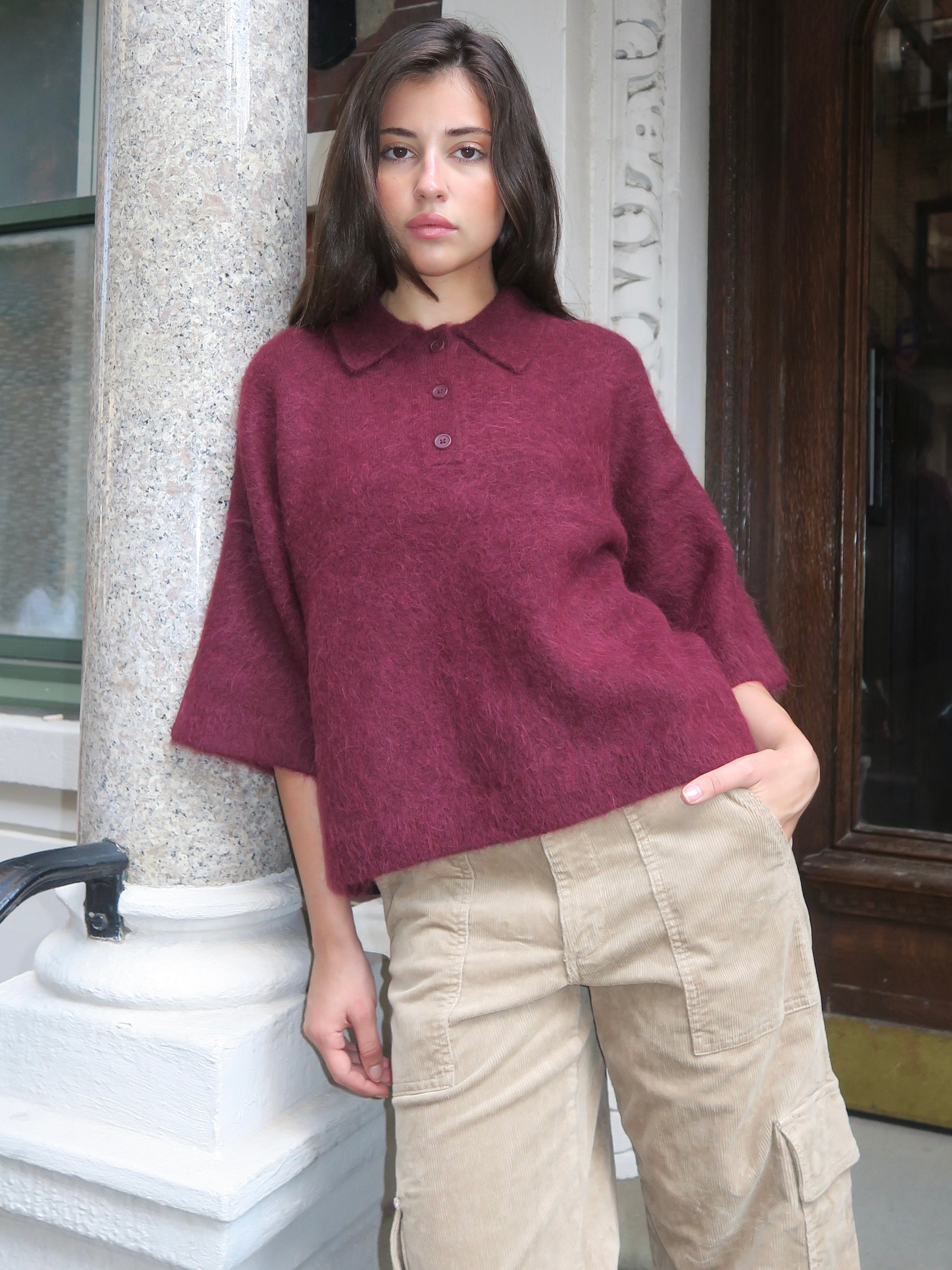 Nadya Alpaca Blend Boxy Polo Sweater in Cherry Wine