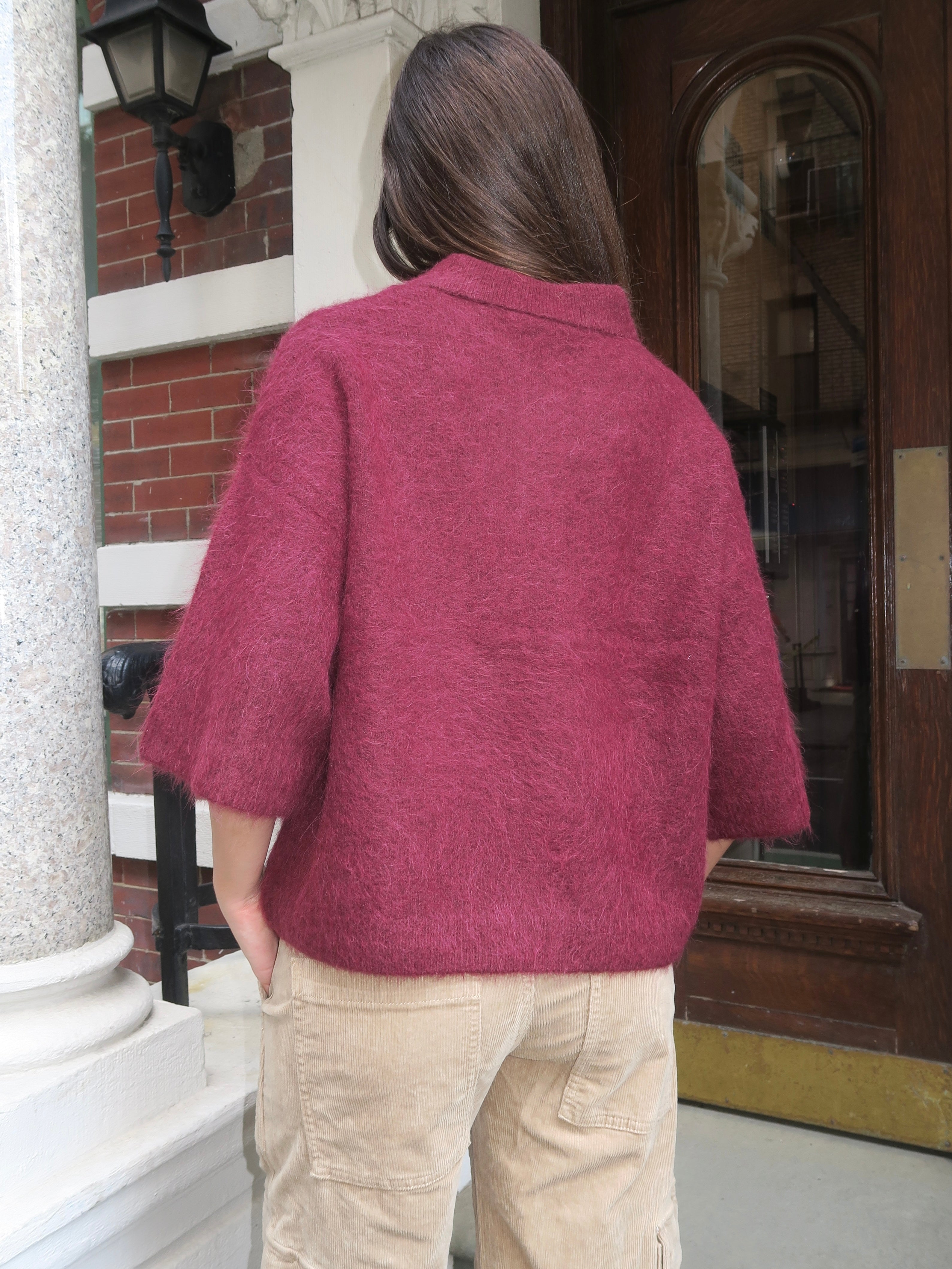 Nadya Alpaca Blend Boxy Polo Sweater in Cherry Wine