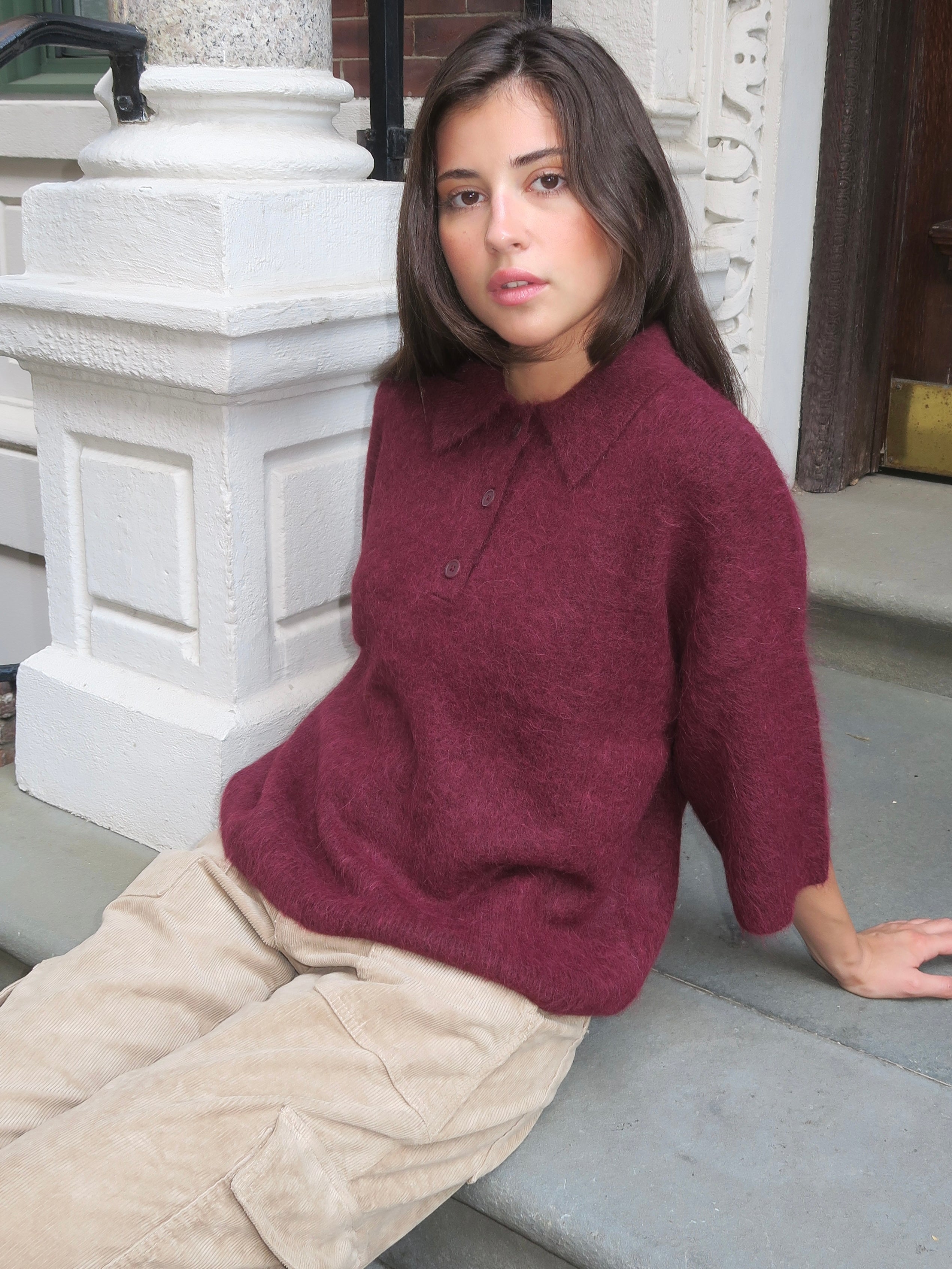 Nadya Alpaca Blend Boxy Polo Sweater in Cherry Wine