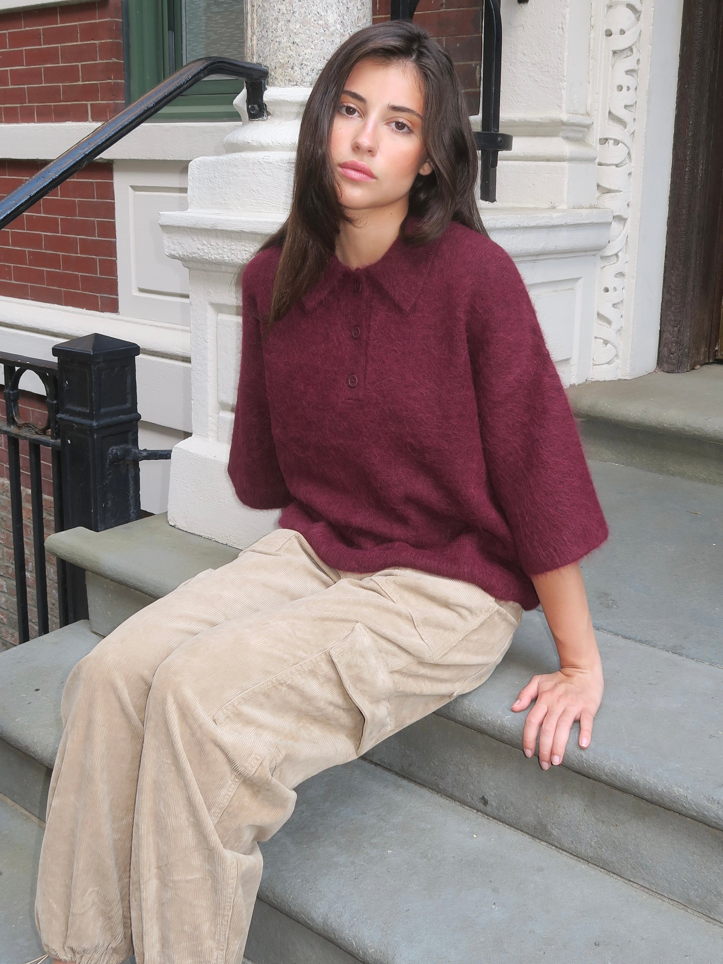 Nadya Alpaca Blend Boxy Polo Sweater in Cherry Wine