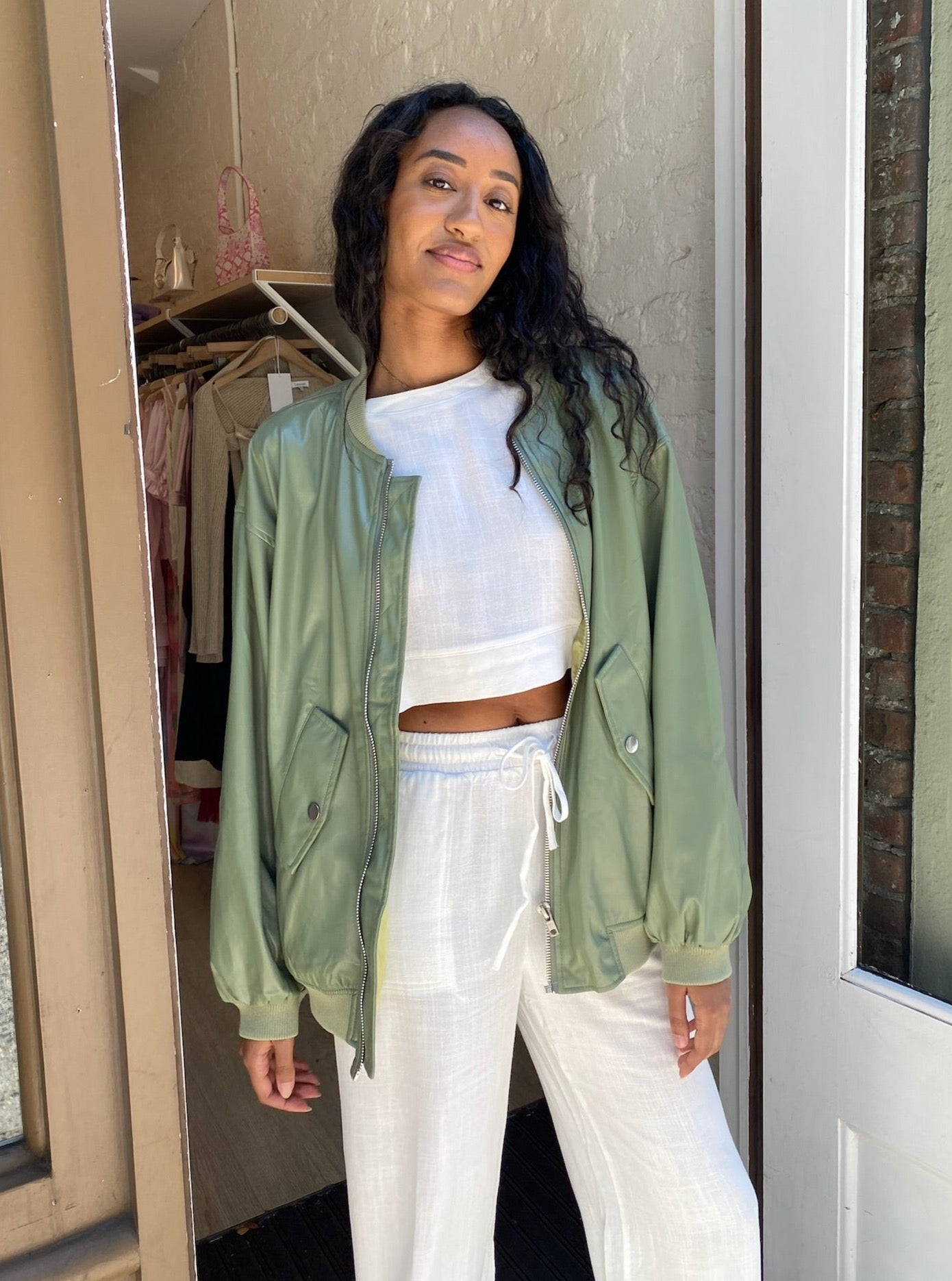 Vondi Oversized Bomber Jacket in Pistachio