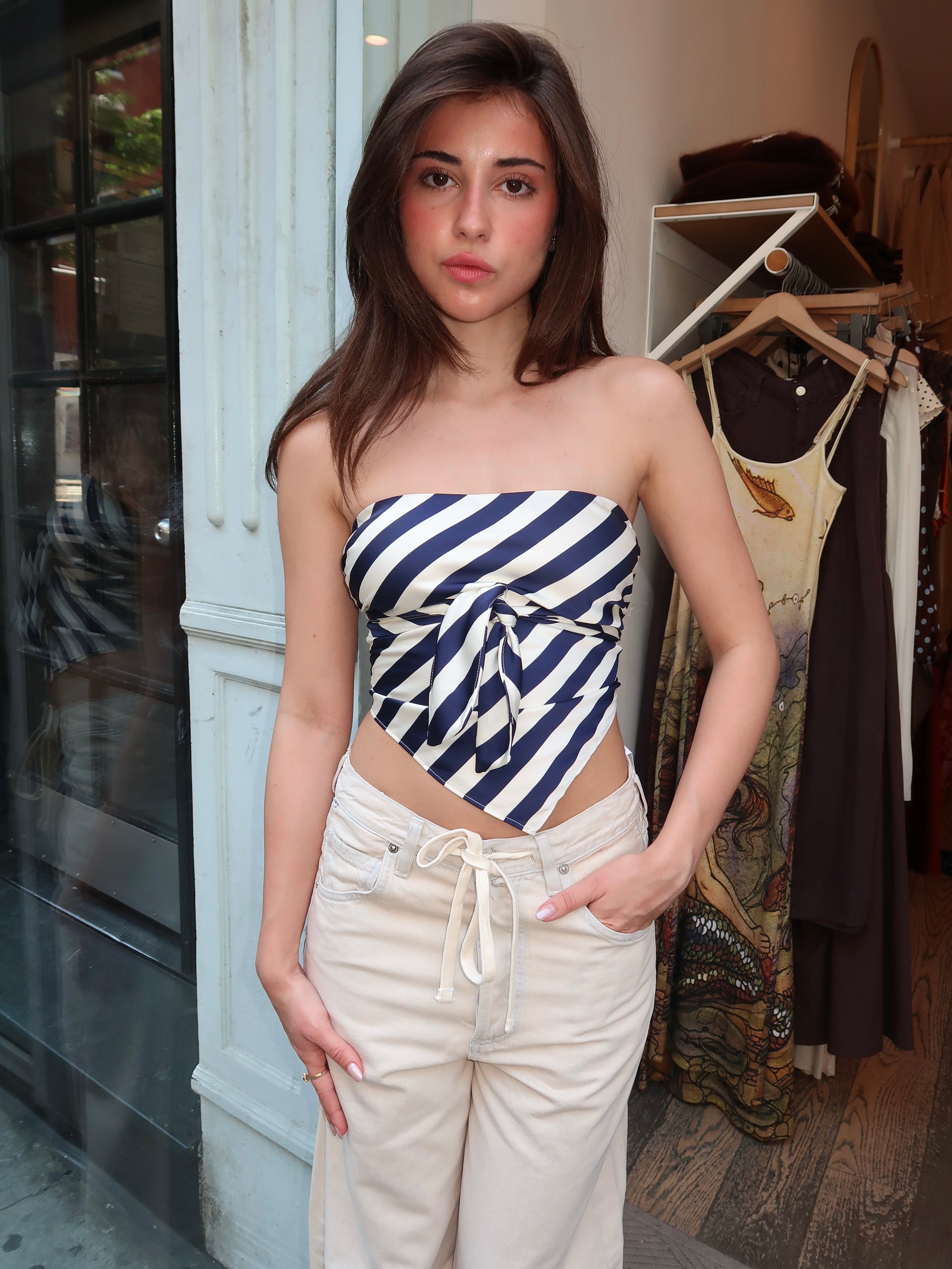 Larsen Strapless Scarf Top in Navy Stripe
