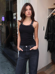 Studded Ribbed Tank in Black