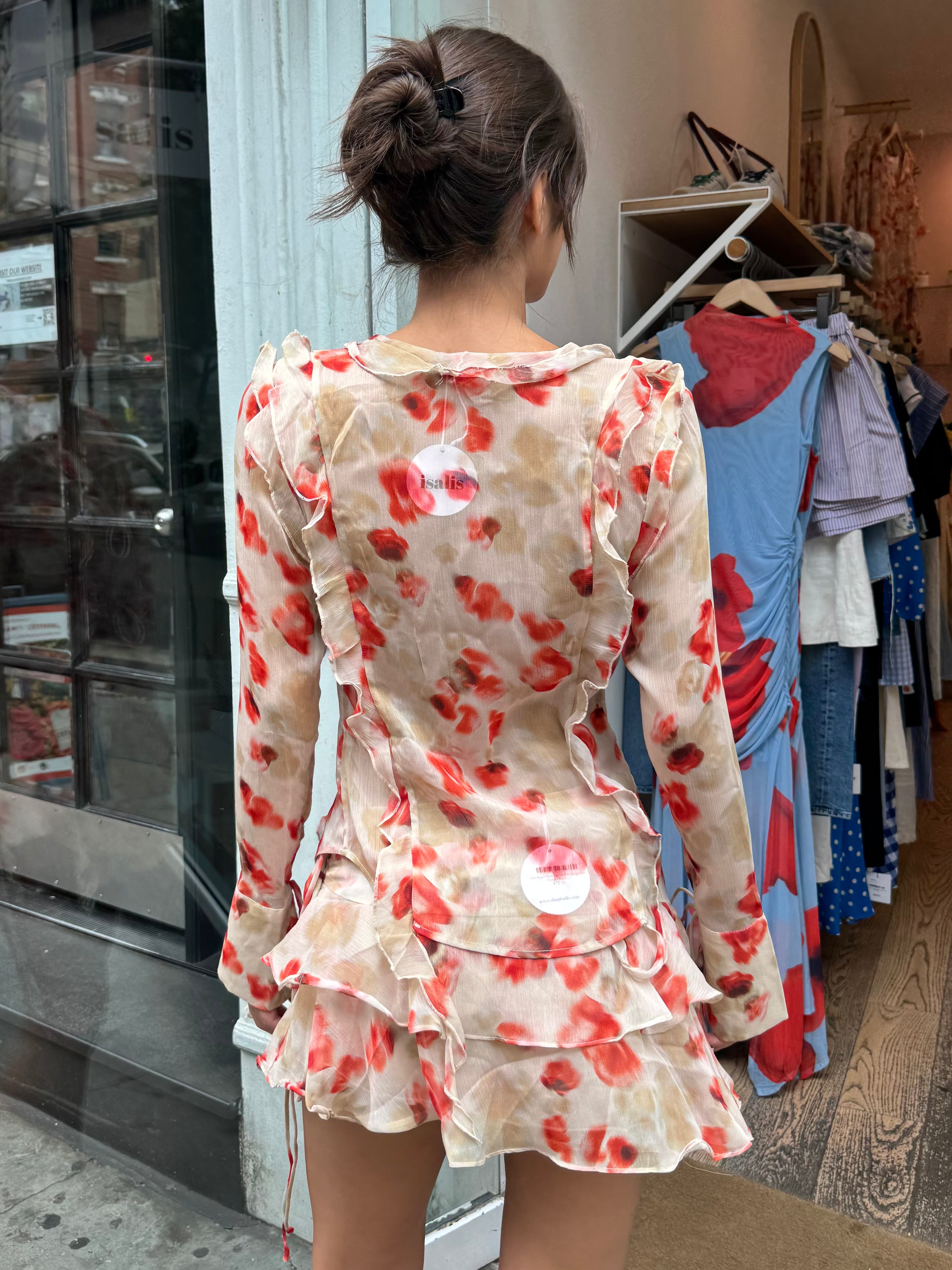 Shakira Ruffle Tie Blouse in Beige Red Floral