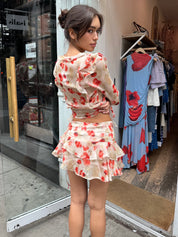 Toni Asym Mini Tie Skirt in Beige Red Floral