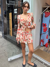 Toni Asym Mini Tie Skirt in Beige Red Floral