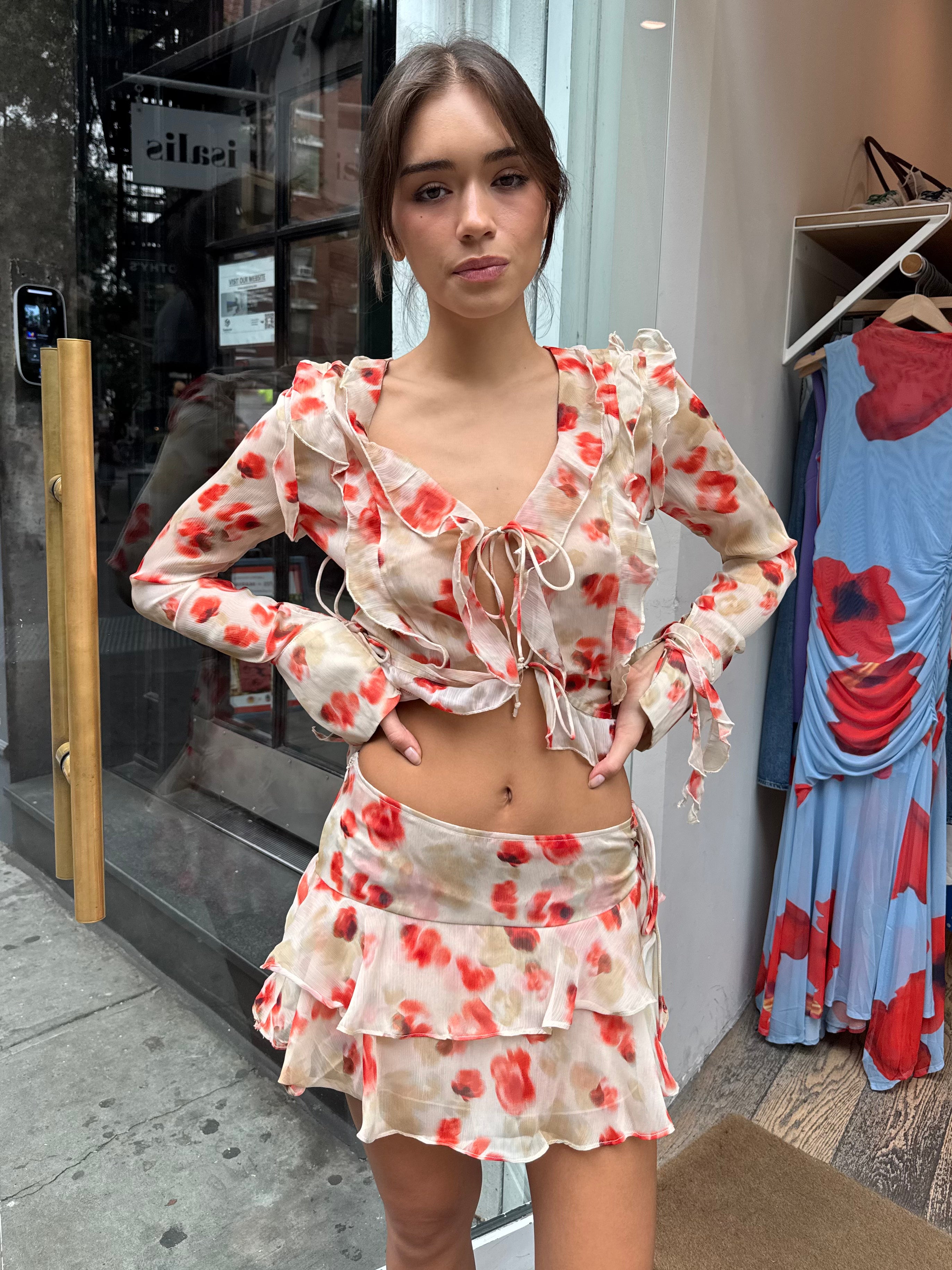 Toni Asym Mini Tie Skirt in Beige Red Floral