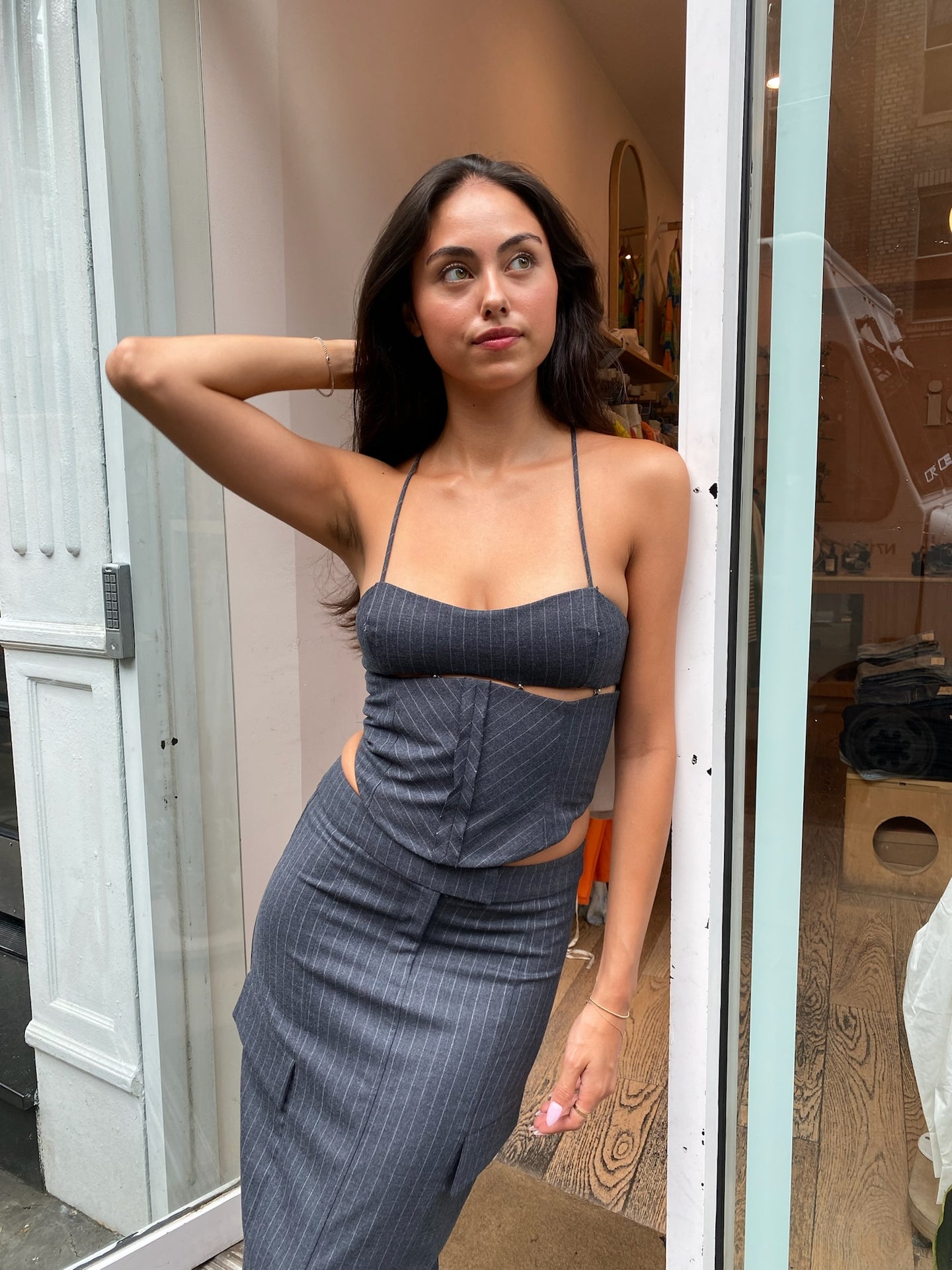Pine Corset Top in Charcoal Pinstripe