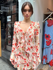 Shakira Ruffle Tie Blouse in Beige Red Floral