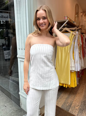 Beta Linen Strapless Top in Ivory Black Pinstripe