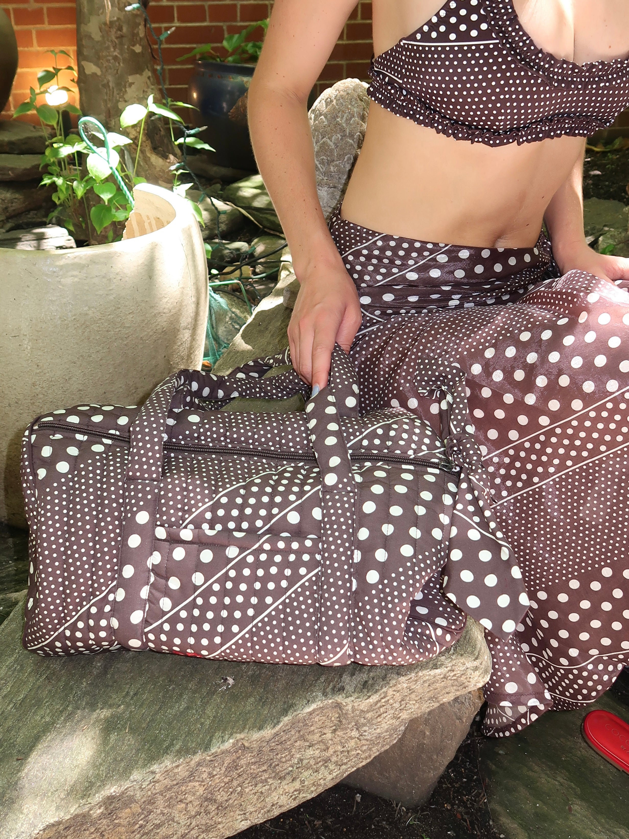 Quilted Weekender Bag in Dark Brown Spot Stripe