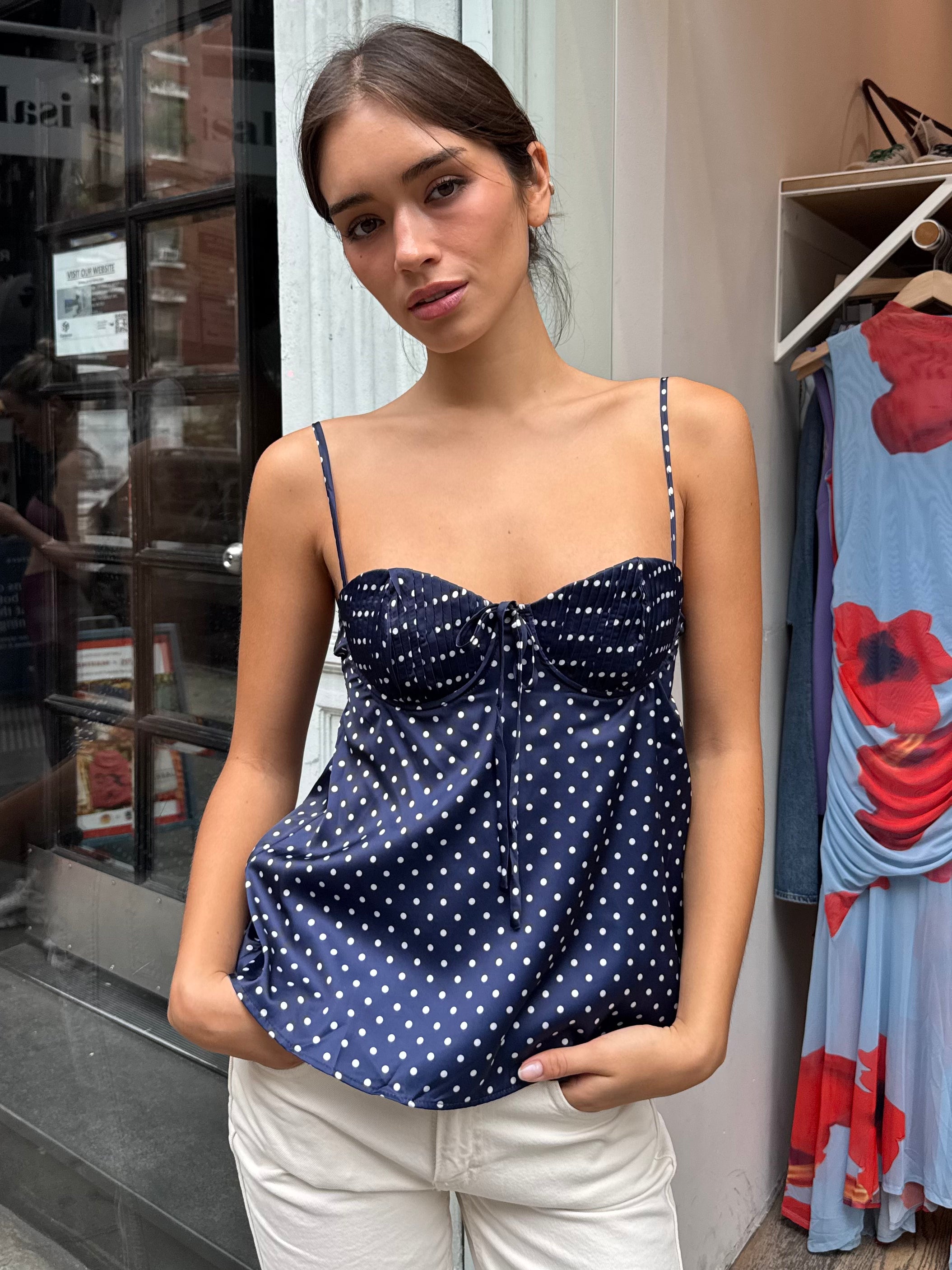 Cierra Satin Top in Navy Polka Dot