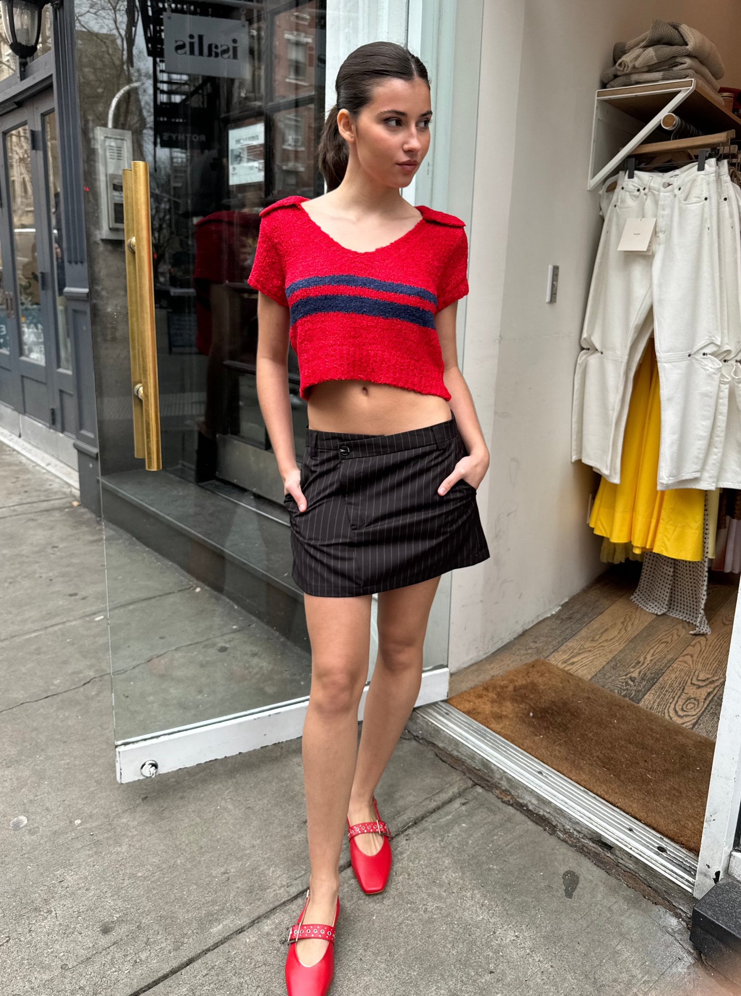 Reese Criss Cross Mini Skirt in Black Pinstripe