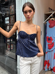 Cierra Satin Top in Navy Polka Dot