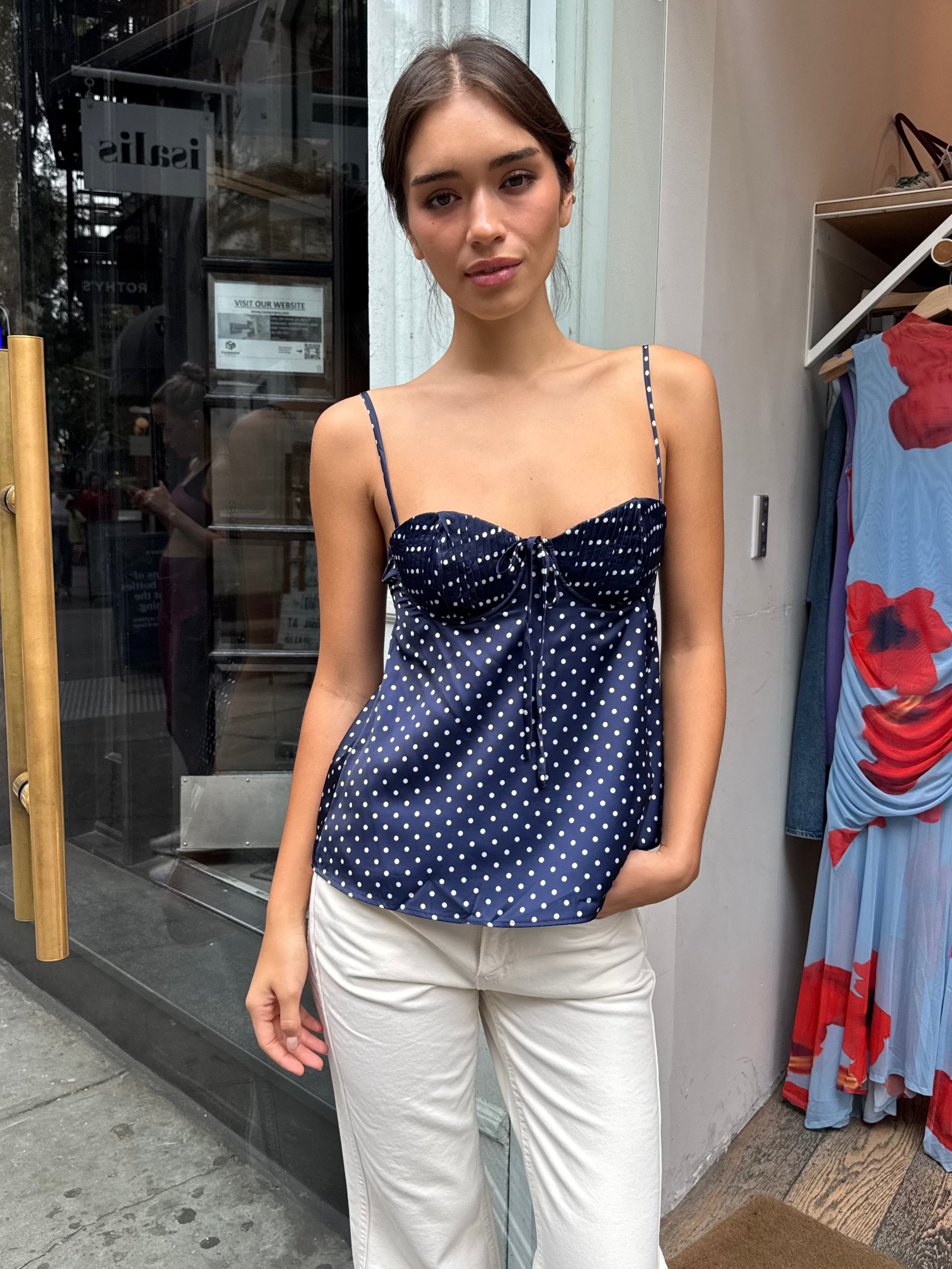 Cierra Satin Top in Navy Polka Dot