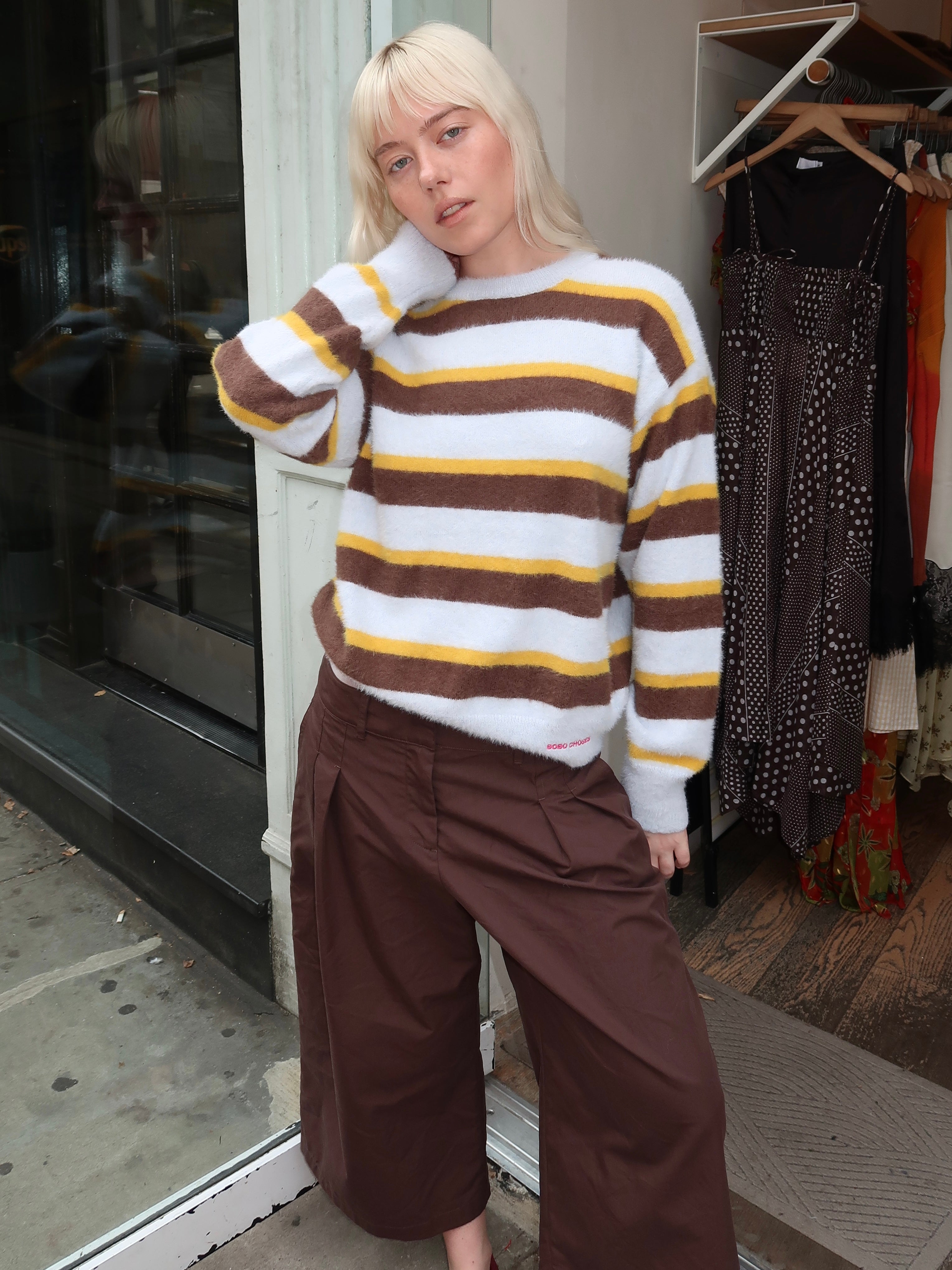 Striped Hairy Yarn Wool Blend Jumper in Multicolor
