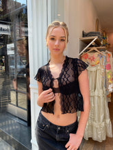 Load image into Gallery viewer, Embroidered Lace Tie Front Cropped Tee in Black

