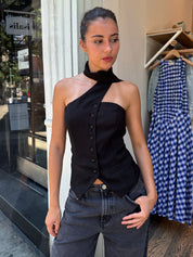 Judith Button Up Scarf Top in Black