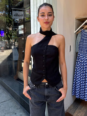 Judith Button Up Scarf Top in Black